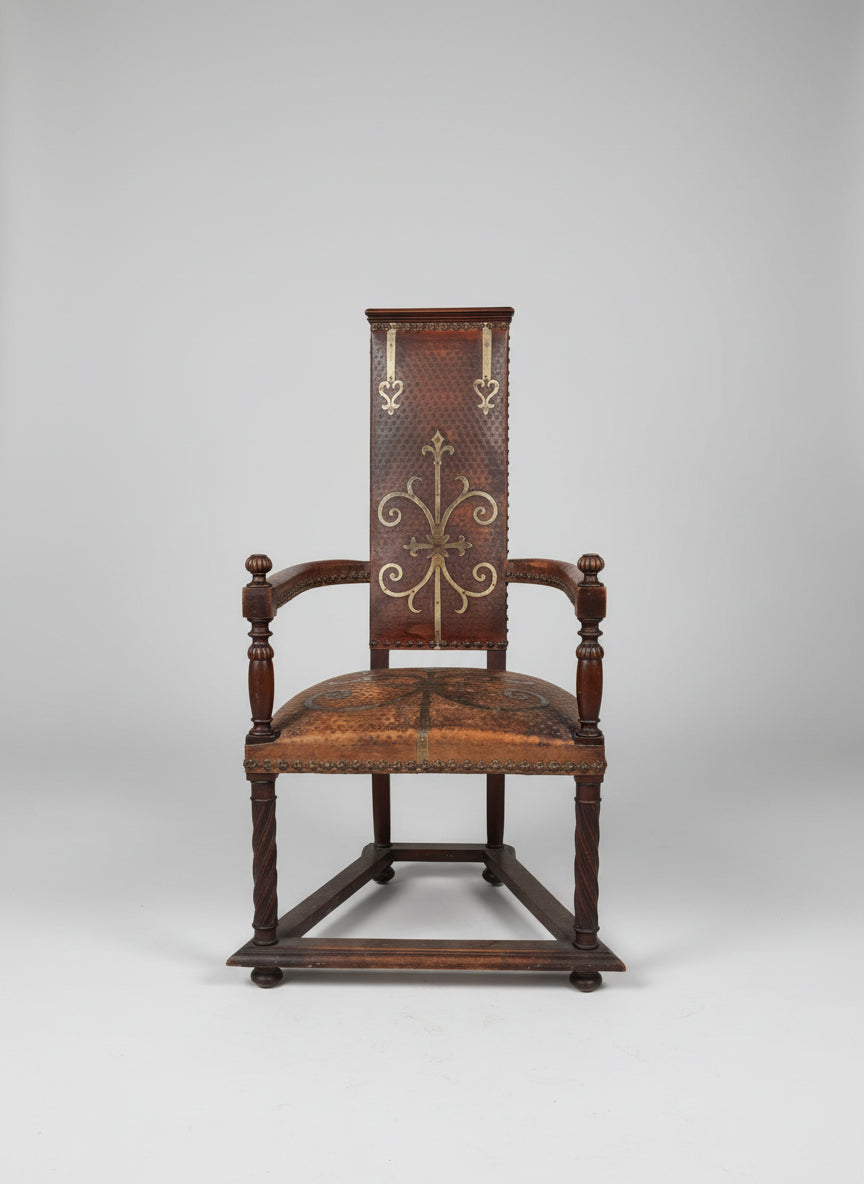 19th C Embossed Leather Spanish Armchair