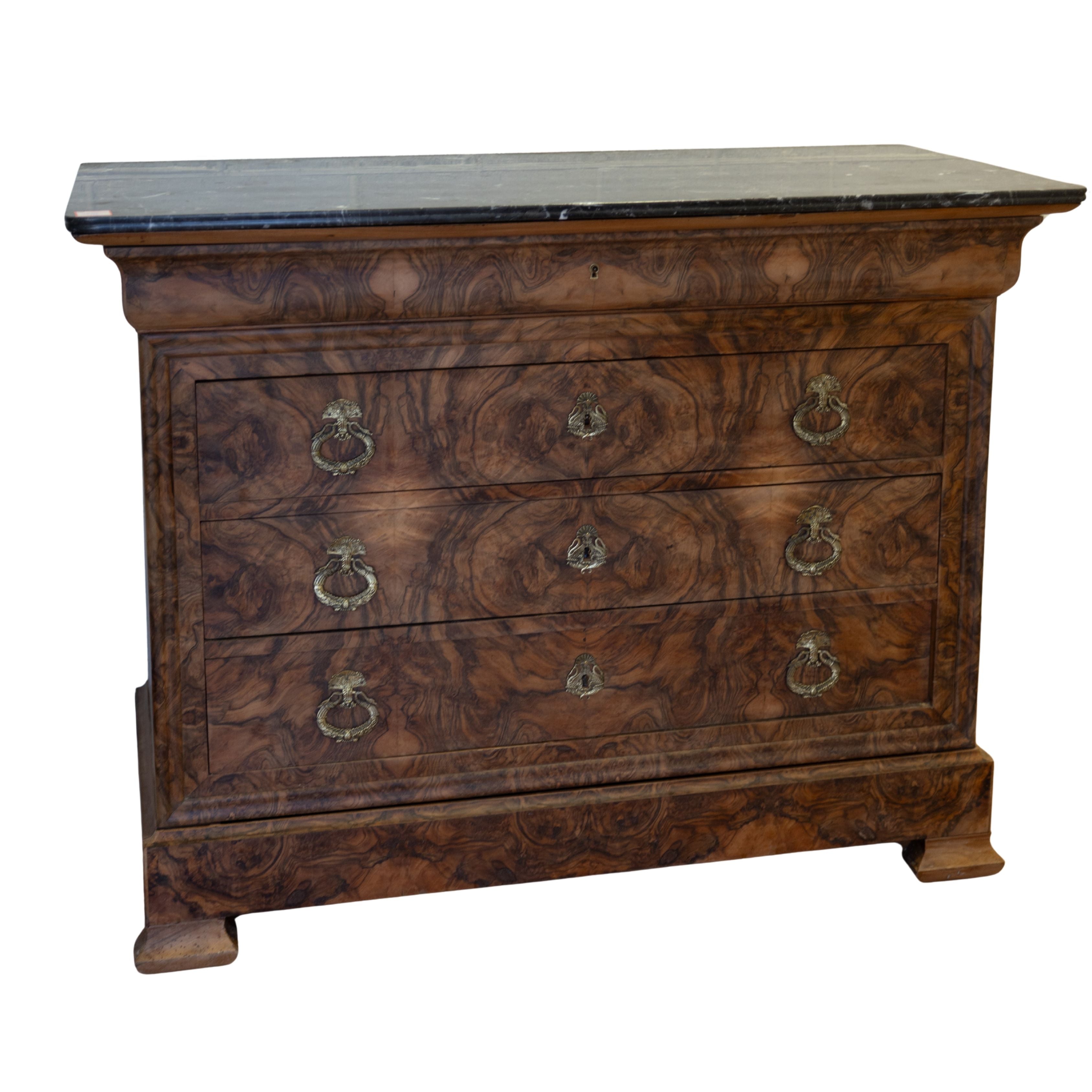 LP Burled Walnut Commode with Ornate Hardware