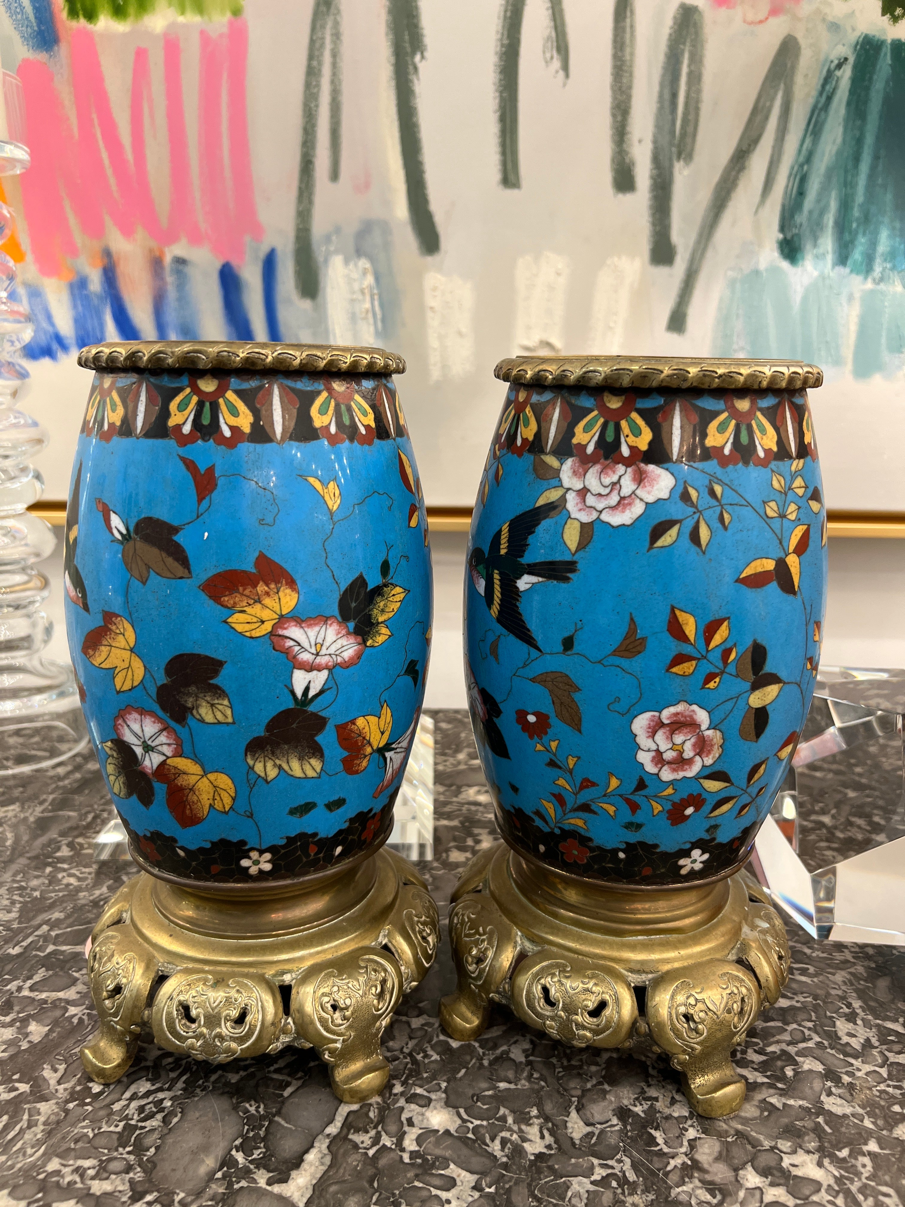 Pair of Blue Cloisonné Vases