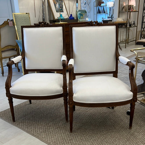Pair of XVI White Linen Oak Armchairs - Sold as a Pair