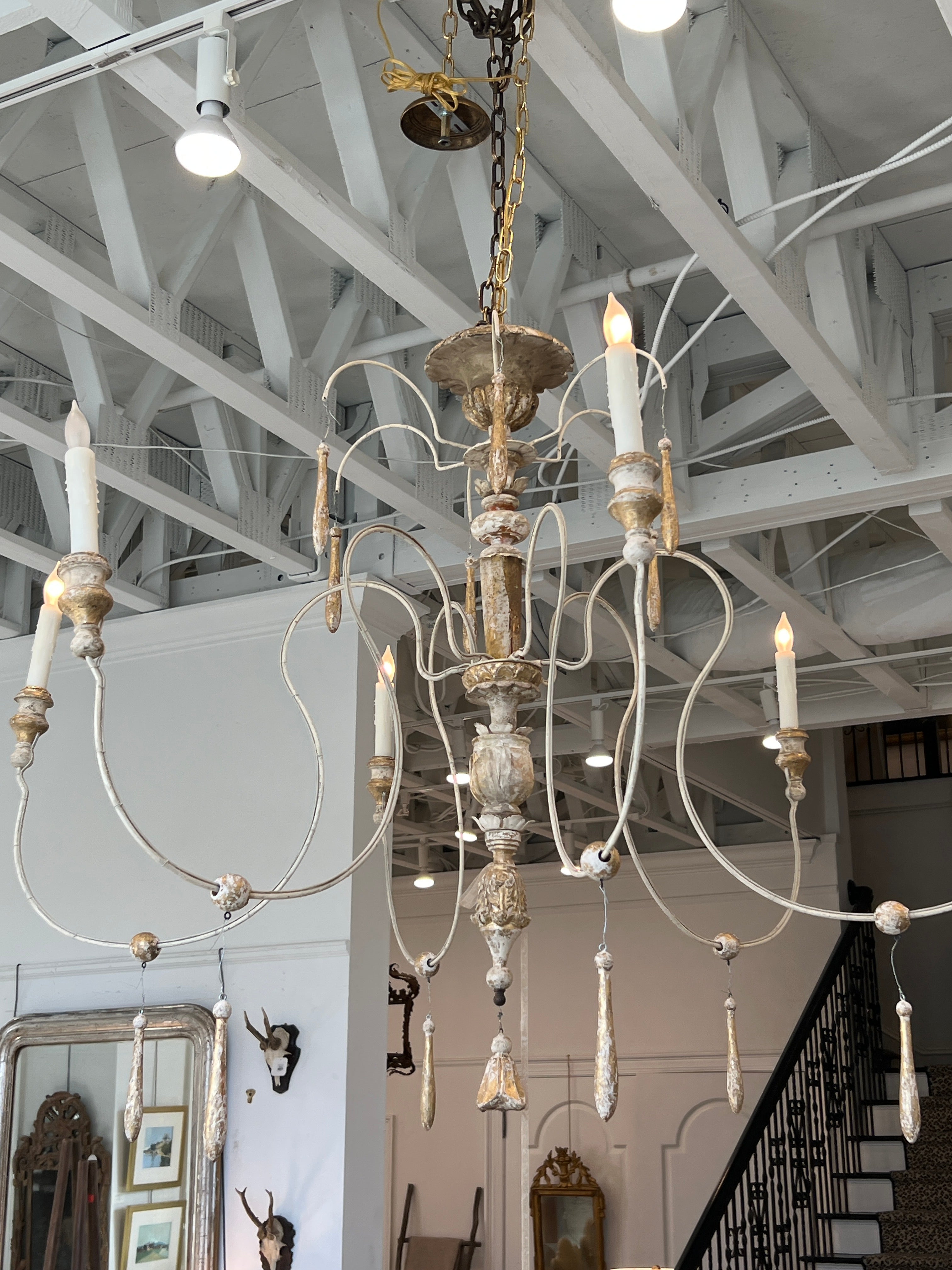 French Wooden Chandelier & Gold Accents