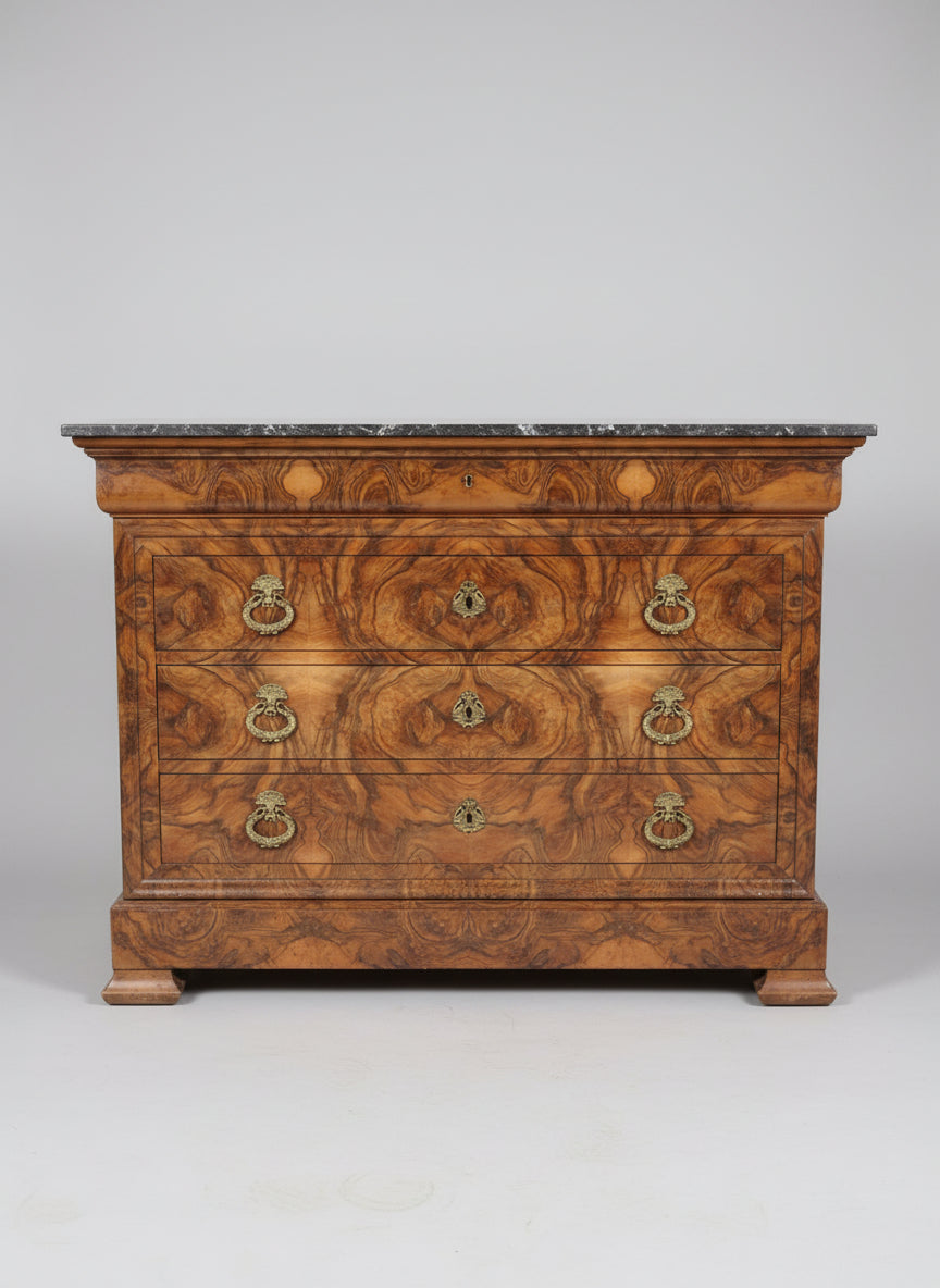 LP Burled Walnut Commode with Ornate Hardware