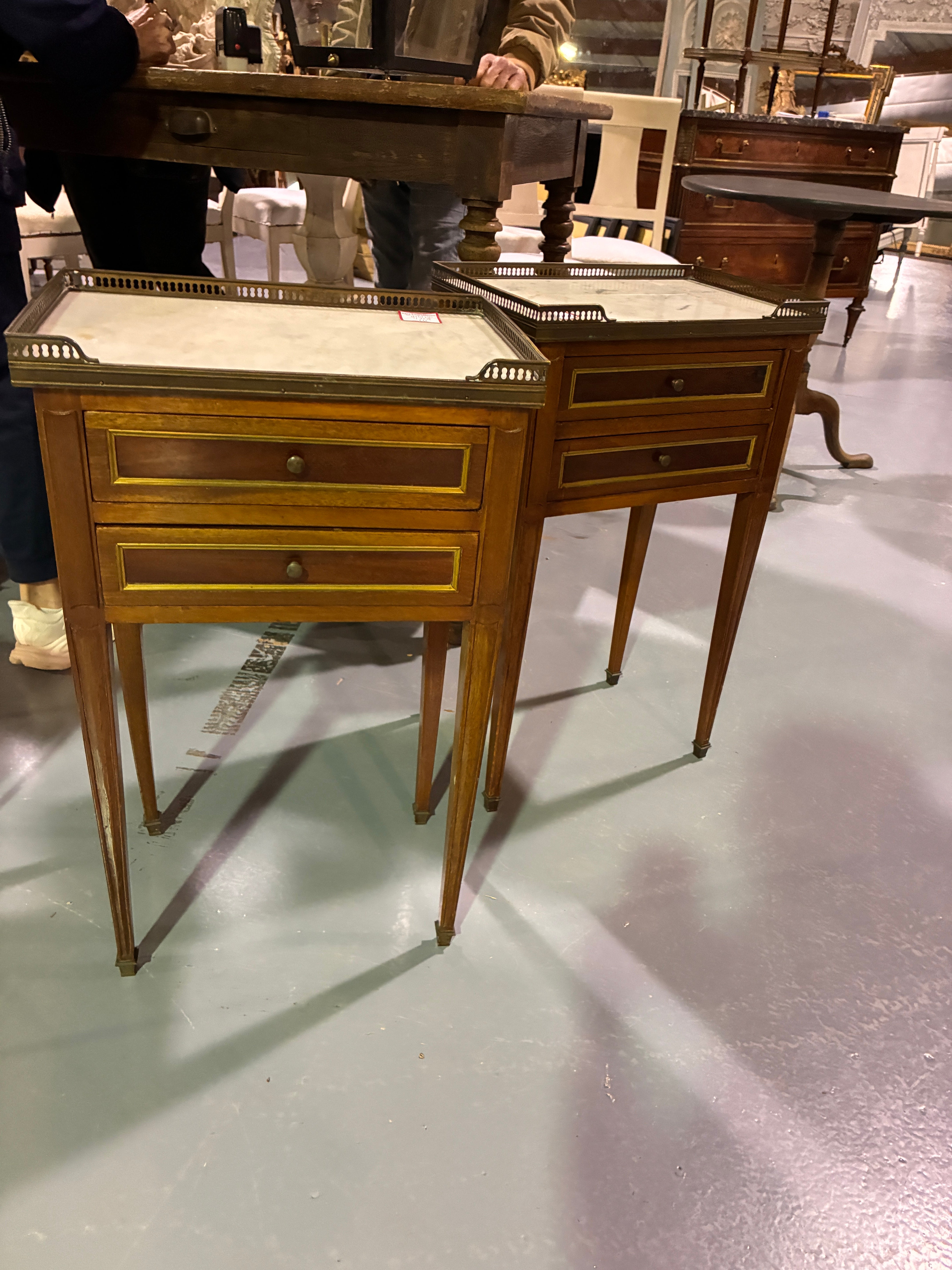 Pair Louis XVI-Style Nightstands with Marble Top and Brass Gallery