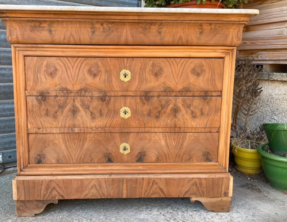 Louis Philippe Burled Walnut Commode with White Marble
