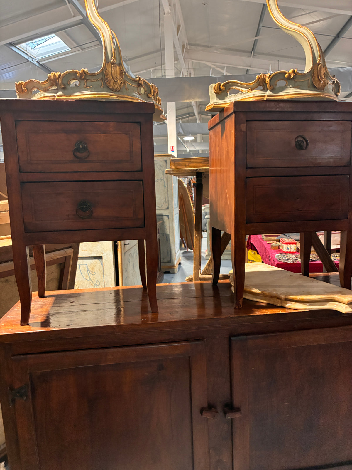 Pair of Two-Drawer Fruitwood Italian Side Tables