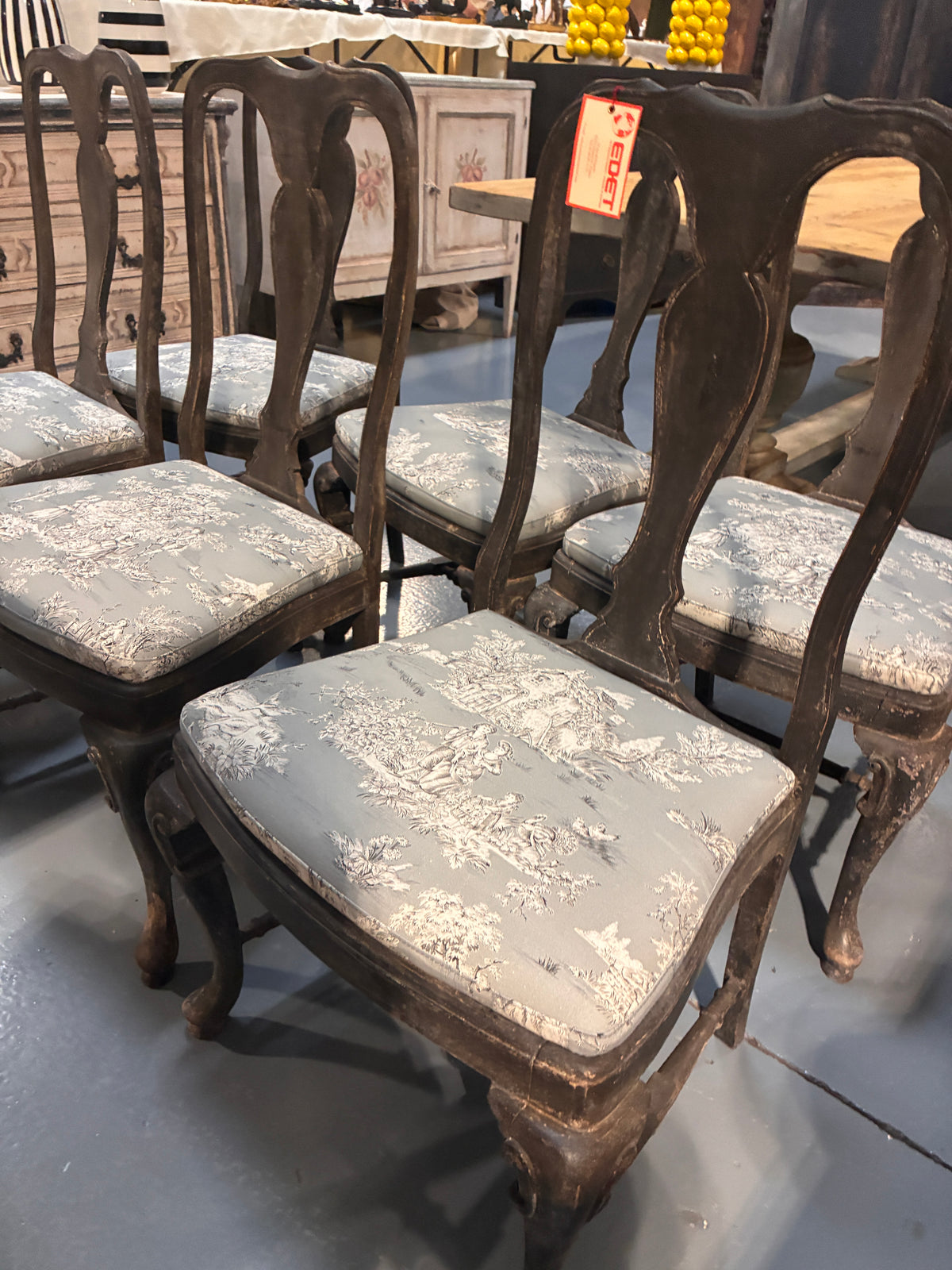 Set of 6 Queen Anne Chairs Covered in Pale Blue Toile