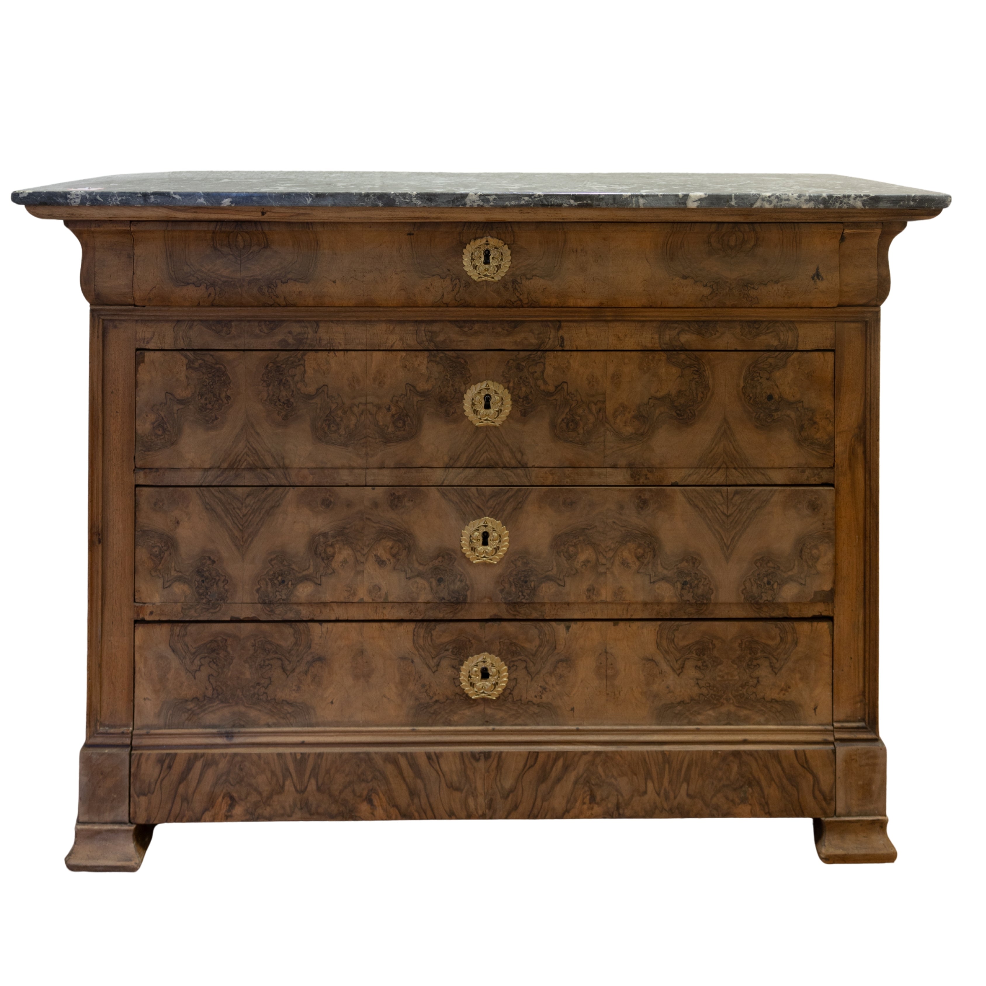 Louis Philippe Stripped Walnut Commode with 4 Drawers & Grey Marble