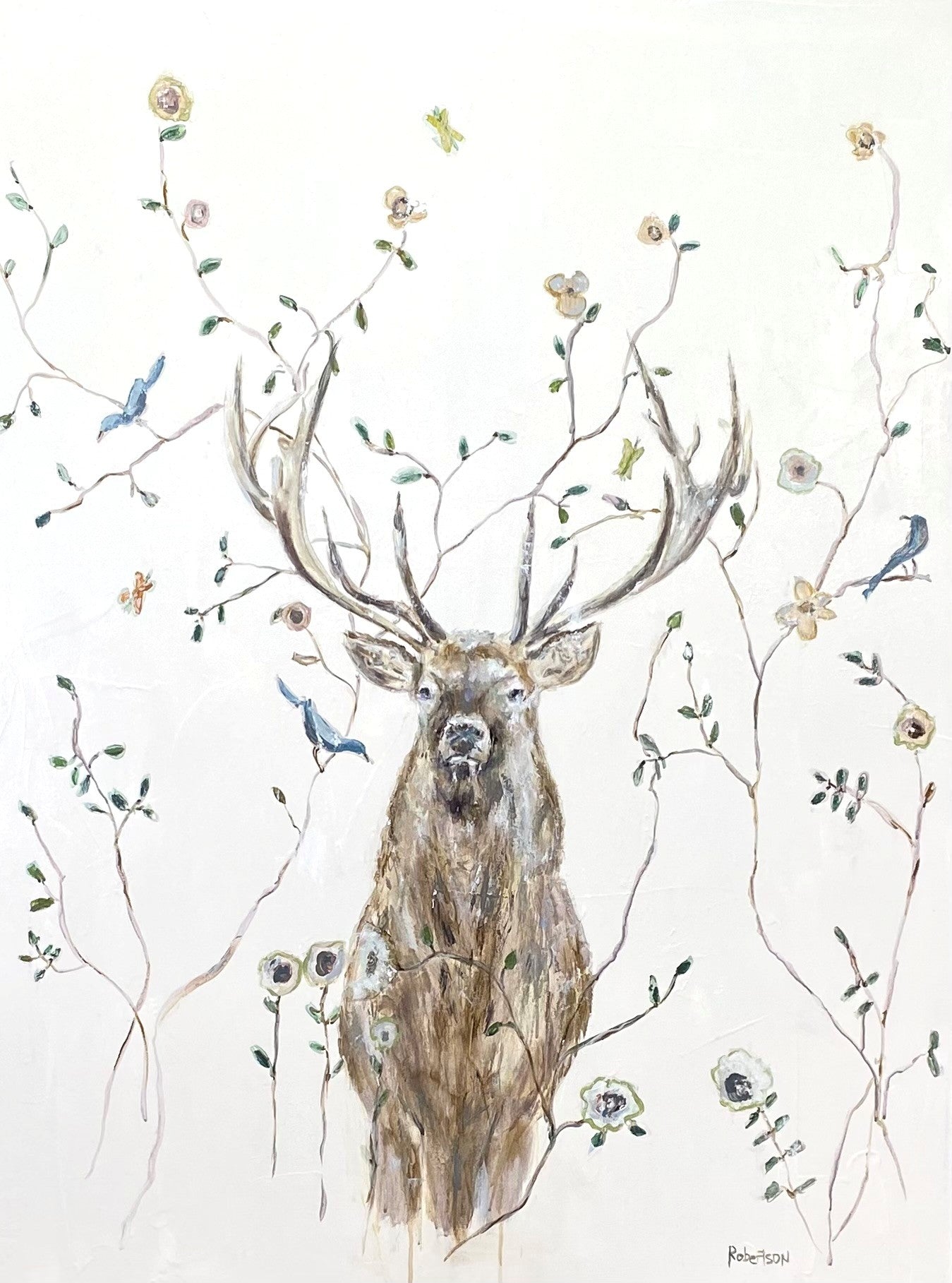 Sarah Robertson - Un Cerf Avec des Oiseaux (48 x 36)