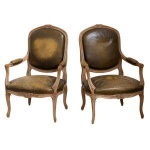 Pair of Olive Green Leather Louis XVI Chairs