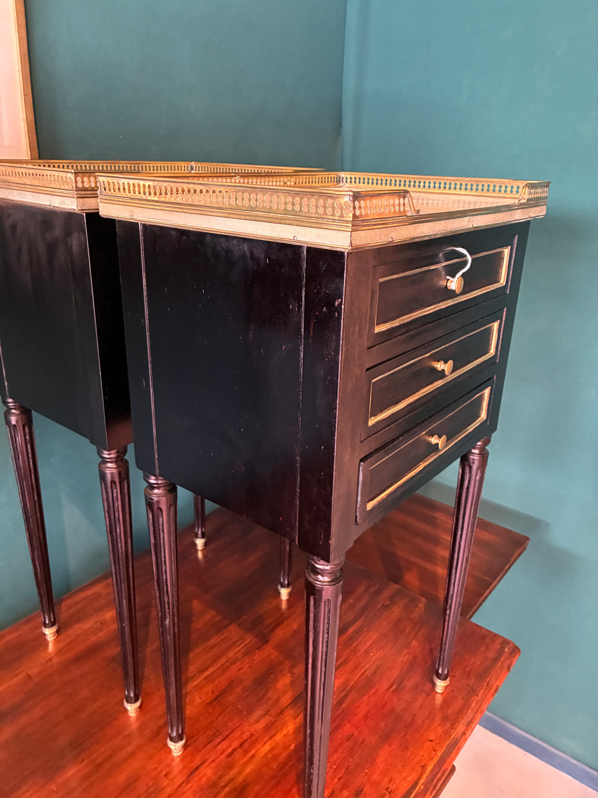 Black Side Table with White Marble & Brass Gallery