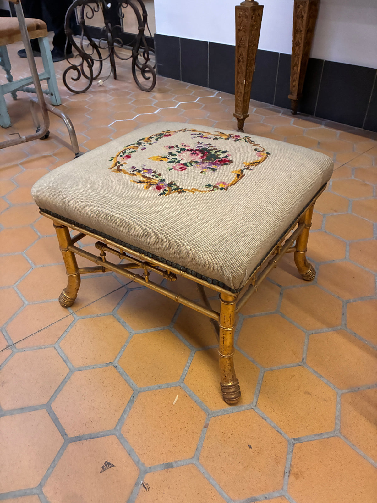 Napoleon III Bamboo Bench with Needlepoint