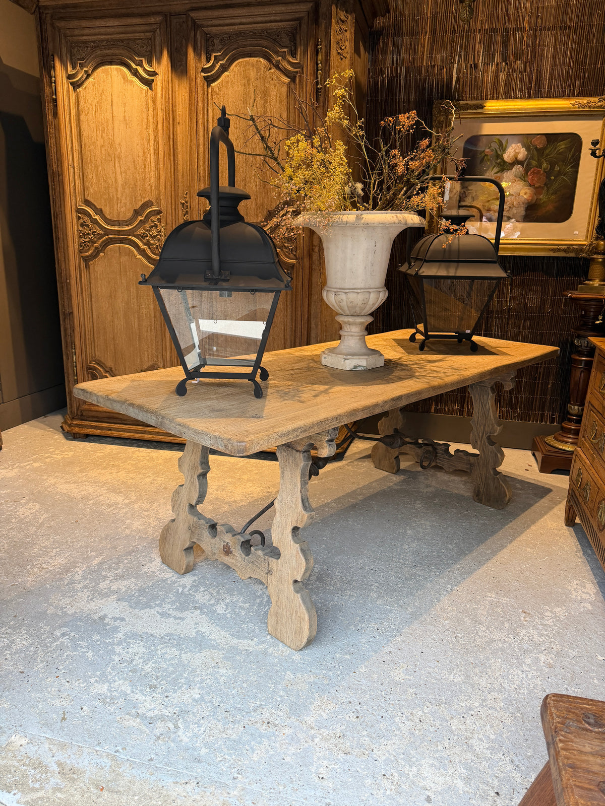 Spanish Bleached Oak Table with Iron Stretcher (78x33x29H)
