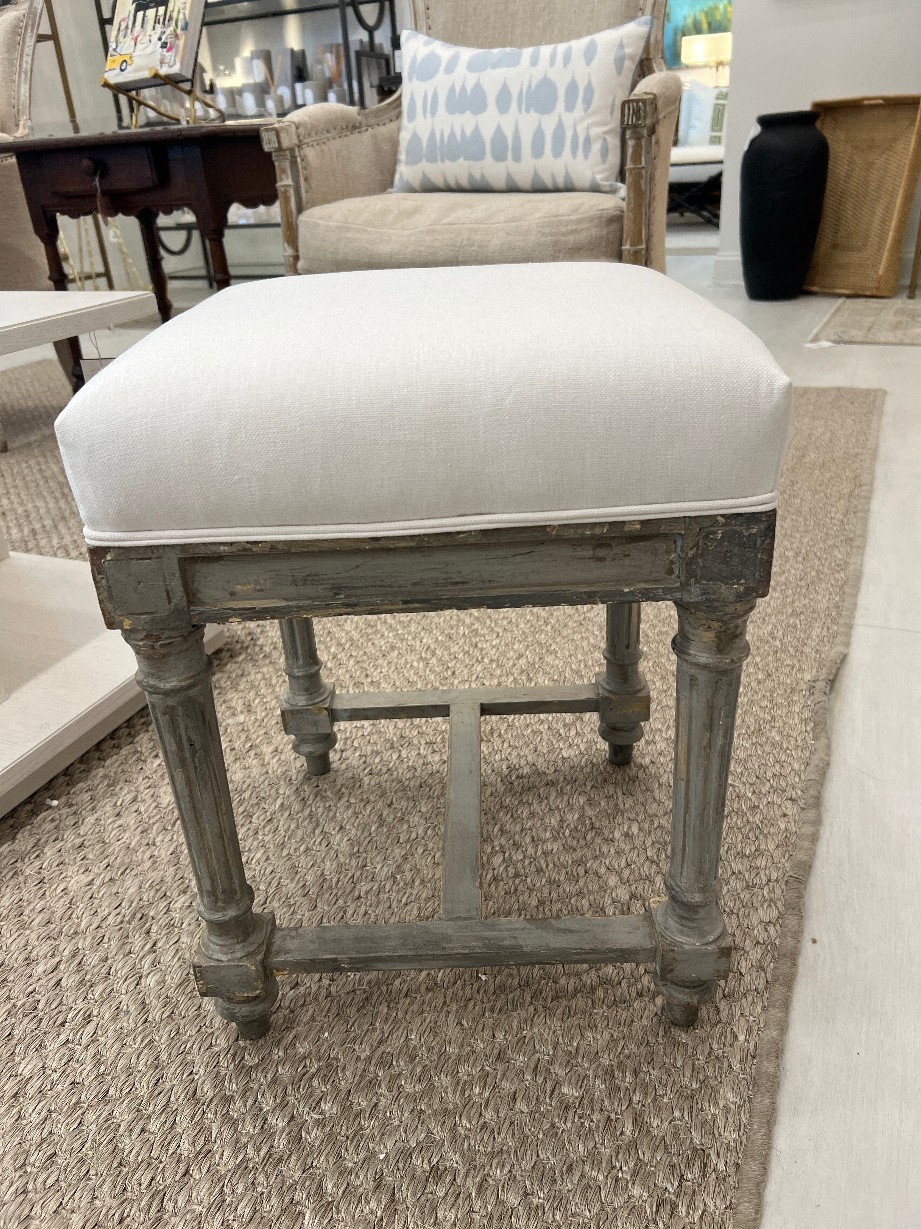 Small Upholstered Bench in White Linen