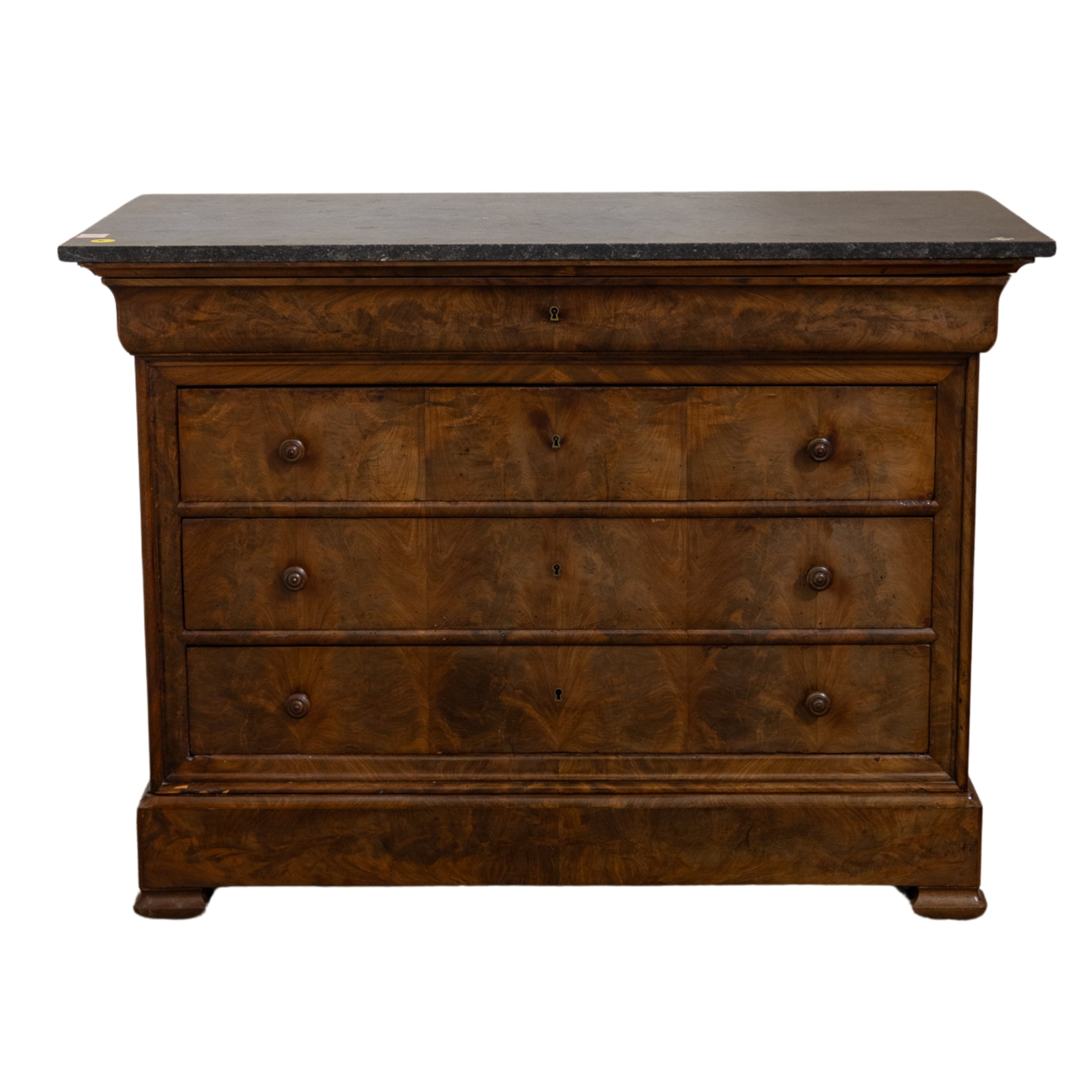 Louis Philippe Burled Walnut Commode w/ Dark Gray Marble (51 x 22.5 x 37.5)