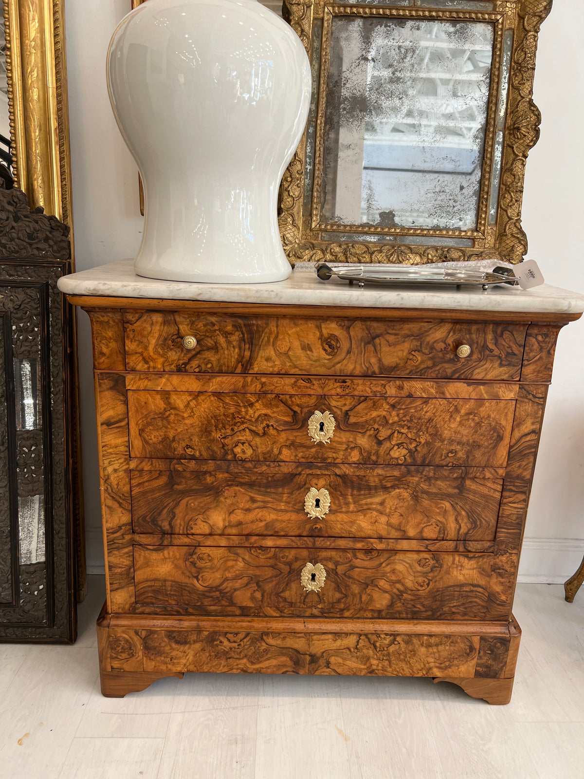 Burled Walnut Waxed LP Commode with White Marble & 4 Drawers (37x18x35"H)