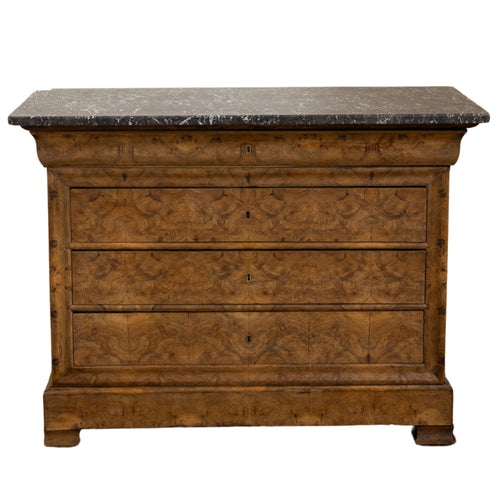 Louis Philippe-Style Burled Walnut Commode w/ St. Anne Marble