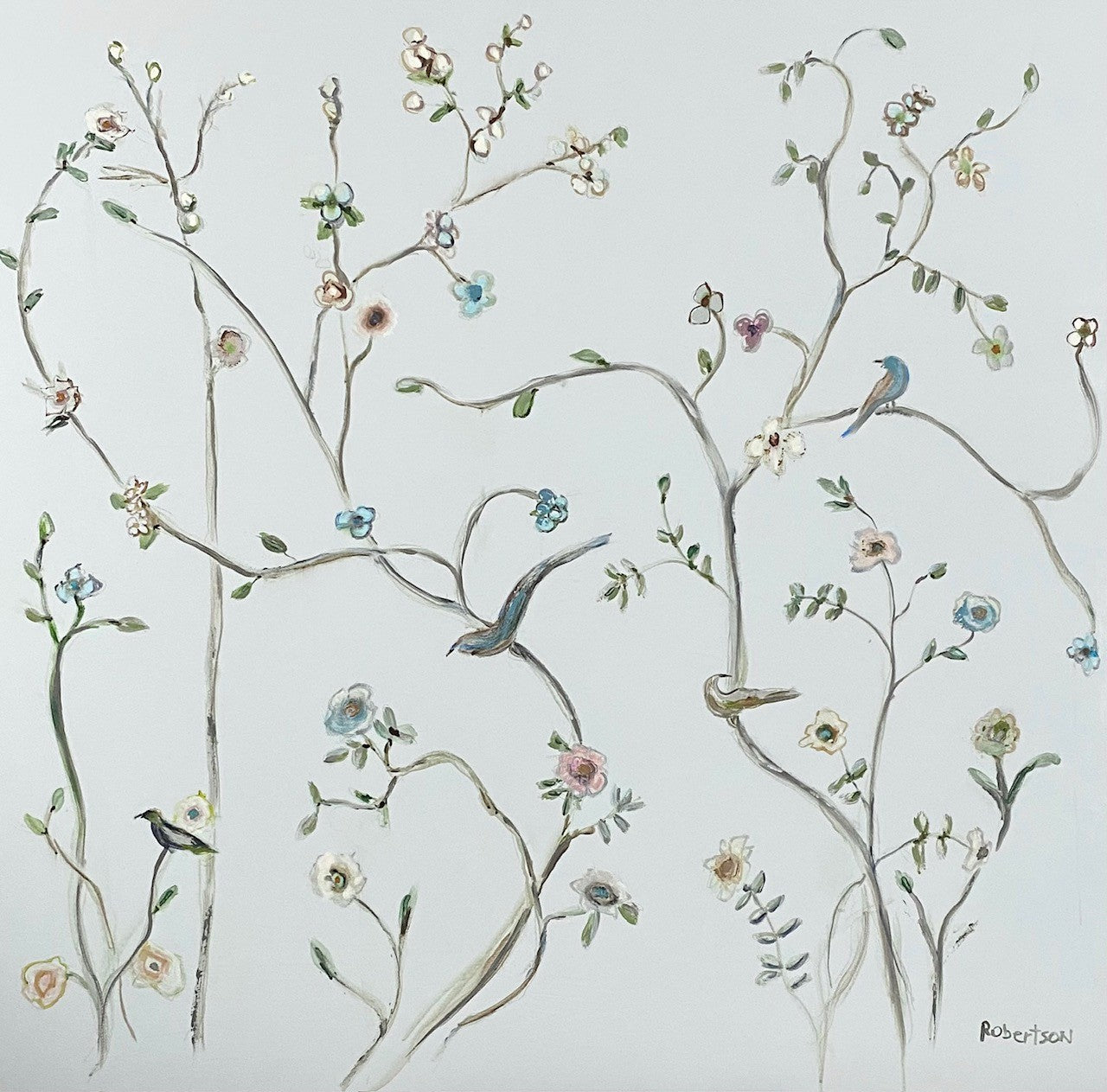 Sarah Robertson - Bird Garden on Blue (48 x 48)