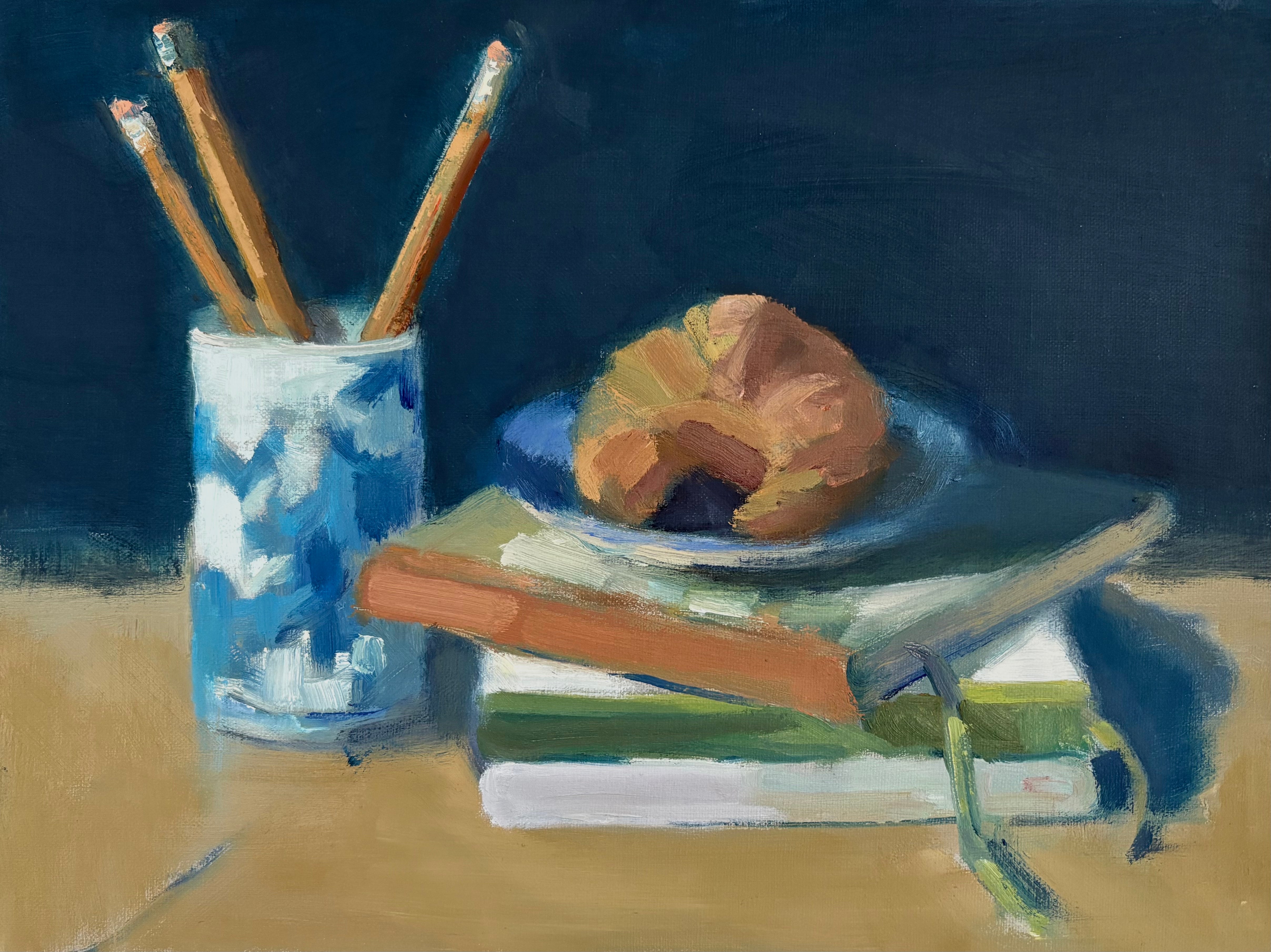 Lesley Powell - Books, Pencils, Croissant (9 x 12)