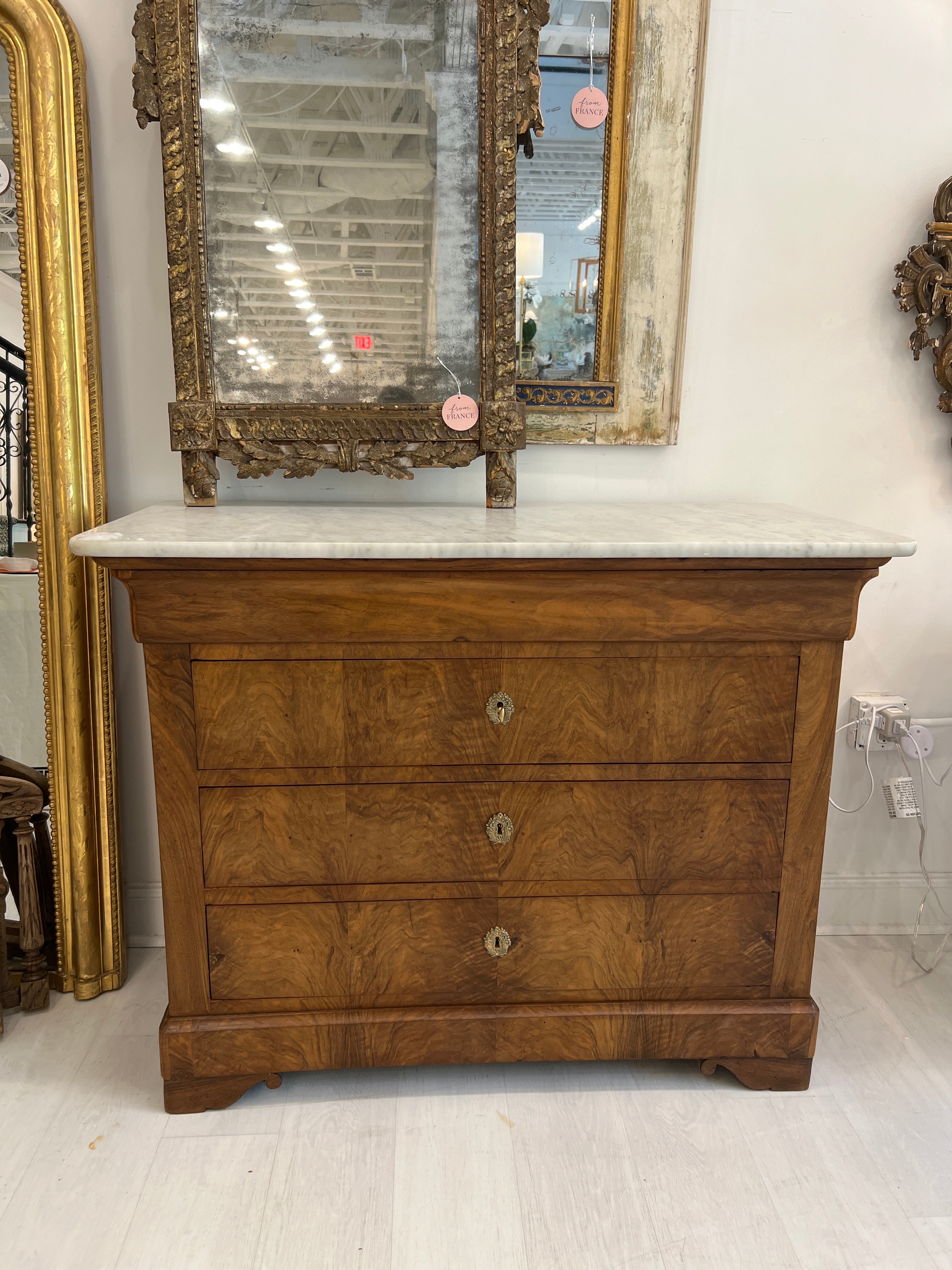 Waxed LP Commode with White Marble & 4 Drawers