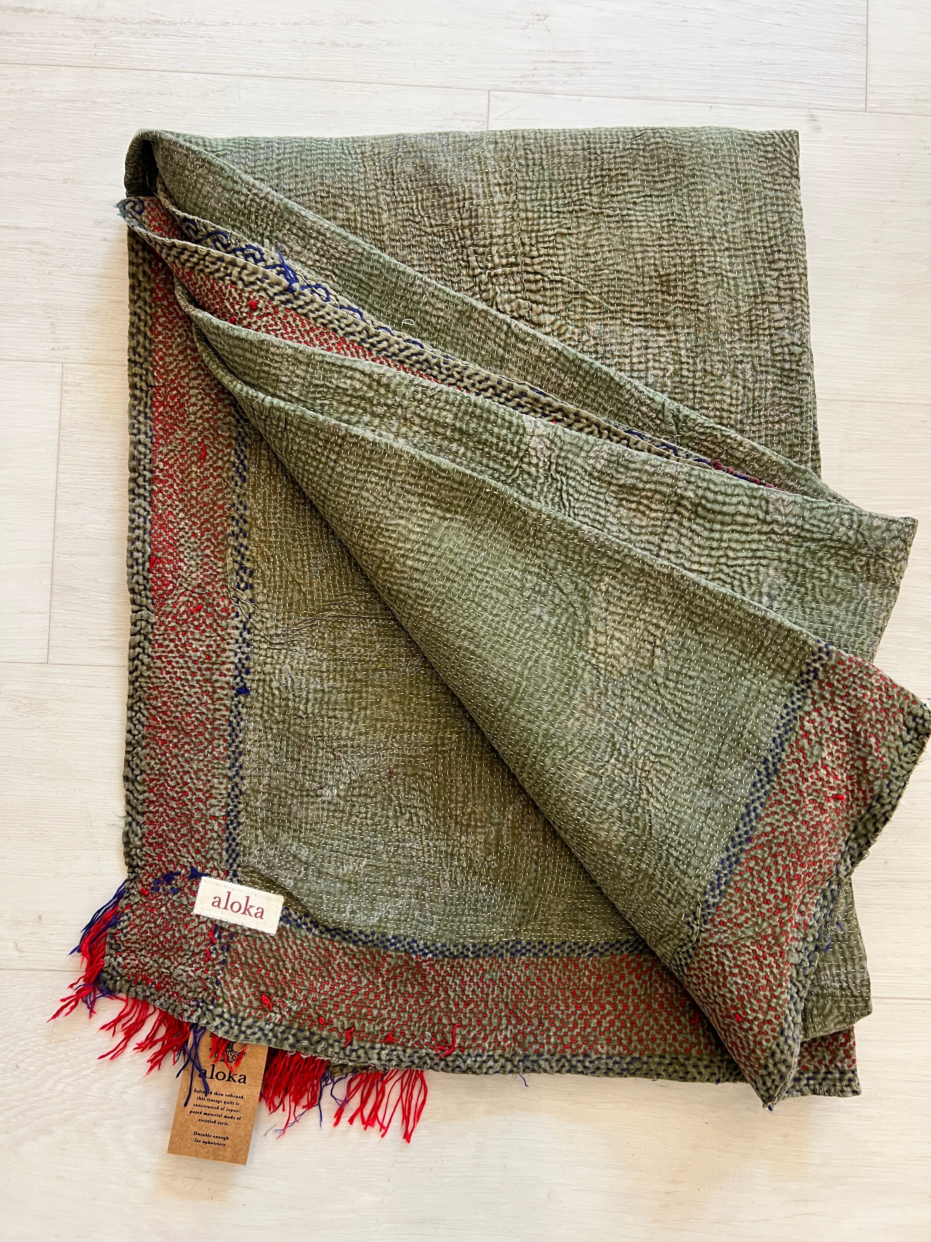 Vintage Green Throw w/ Red Fringe