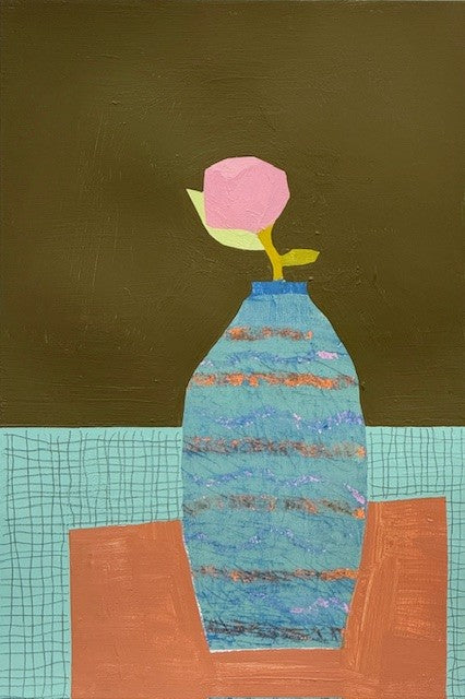 Ellen Rolli - Interior with Pink Rose Against Olive Green (18 x 12)