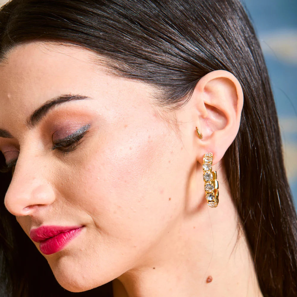 Clear Crystal Hoop Earrings - 24K Plate