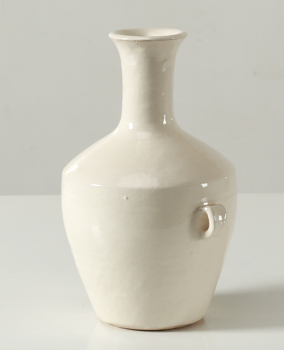Off White Glazed Ceramic Vase w/ Two Handles 2.7" opening