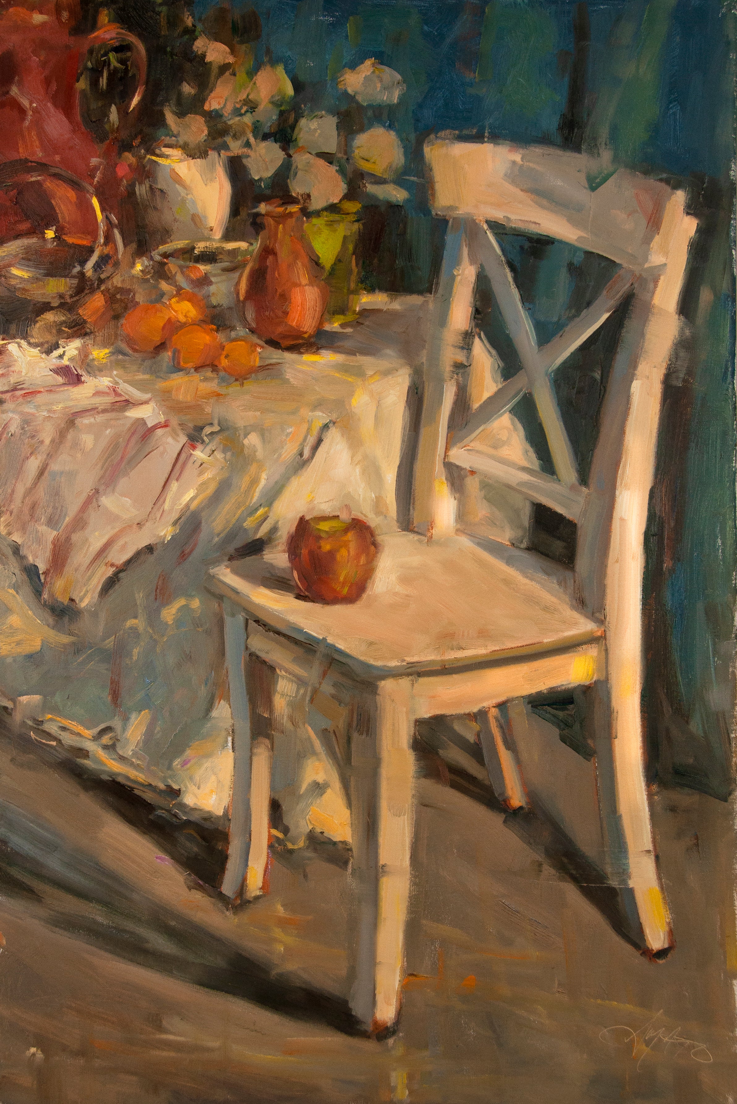 Stephanie Amato - White Chair with Blue Drape (30 x 20)