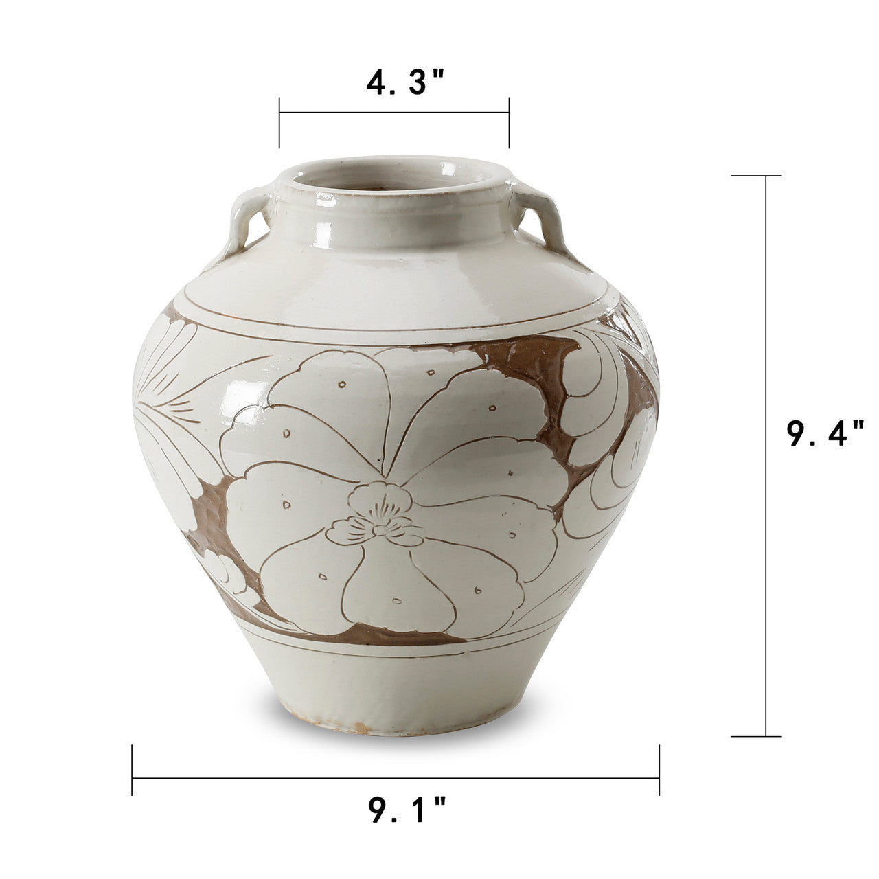 9.4"H Amalfi Glazed 2-Handle Vase w/Flower Motif