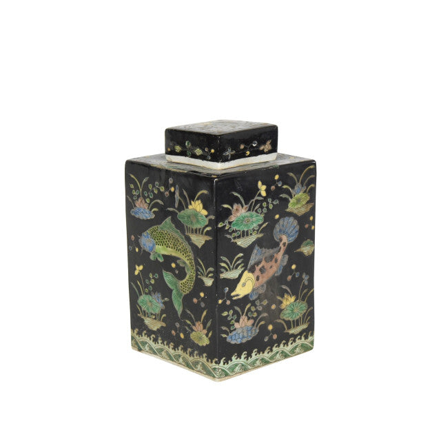 Black Square Fish Motif Tea Jar