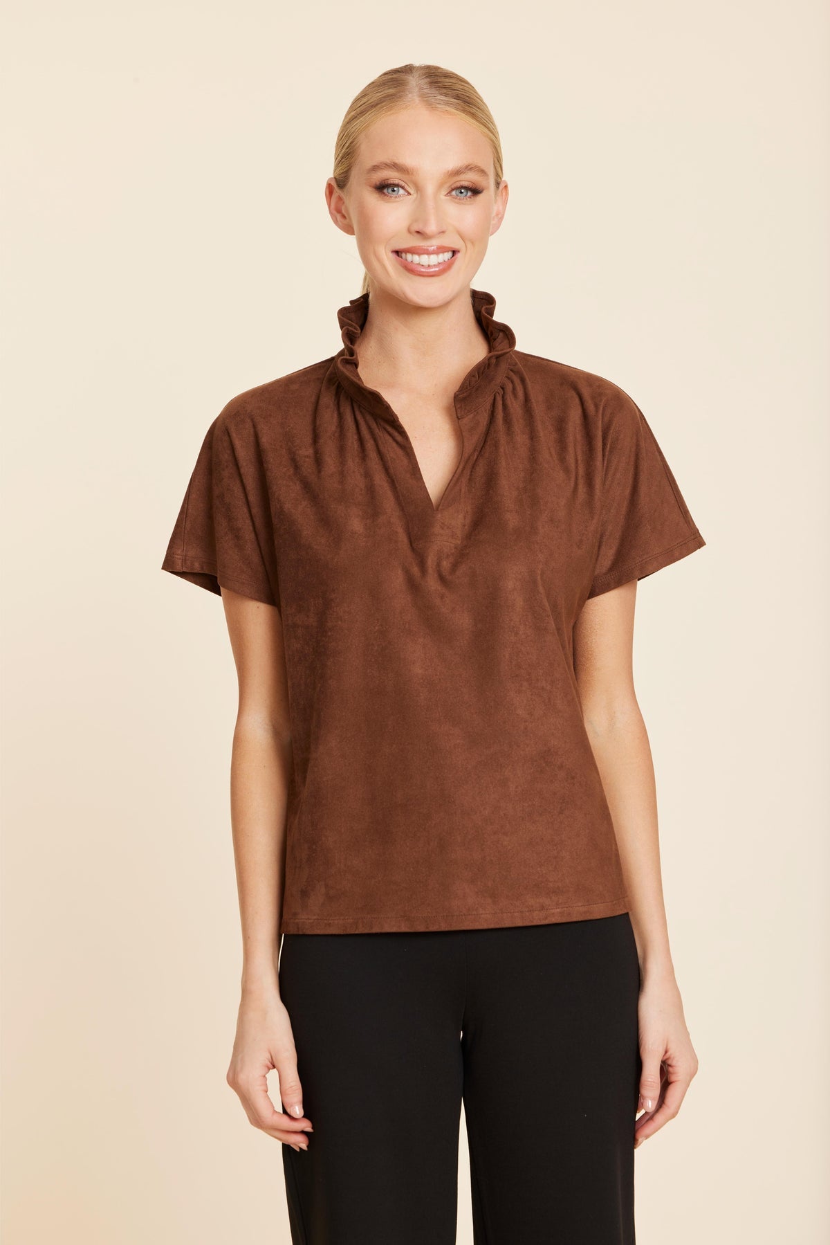 Brown Ruffle Vegan Suede Top