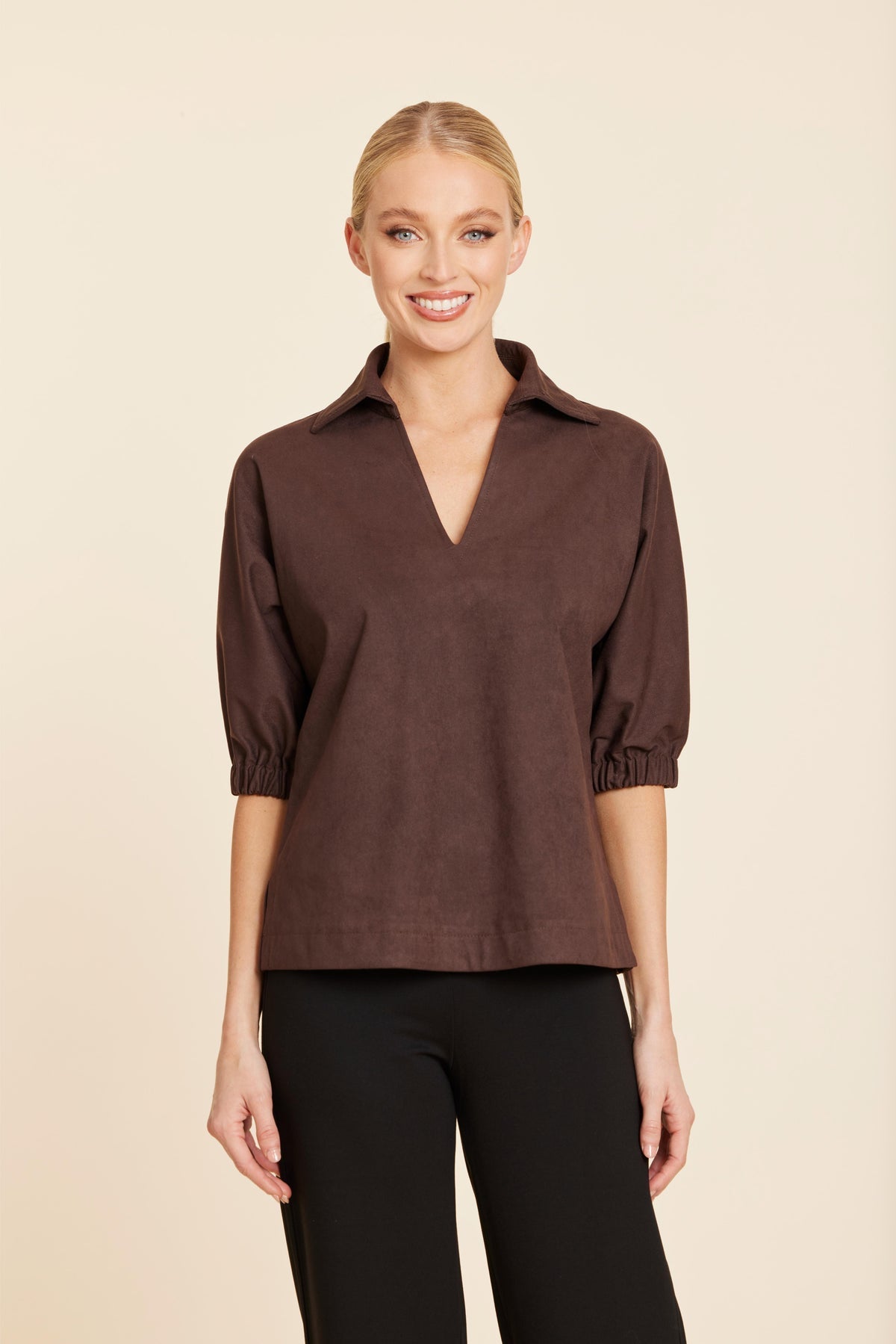 Brown Vegan Suede Gathered Sleeve Top
