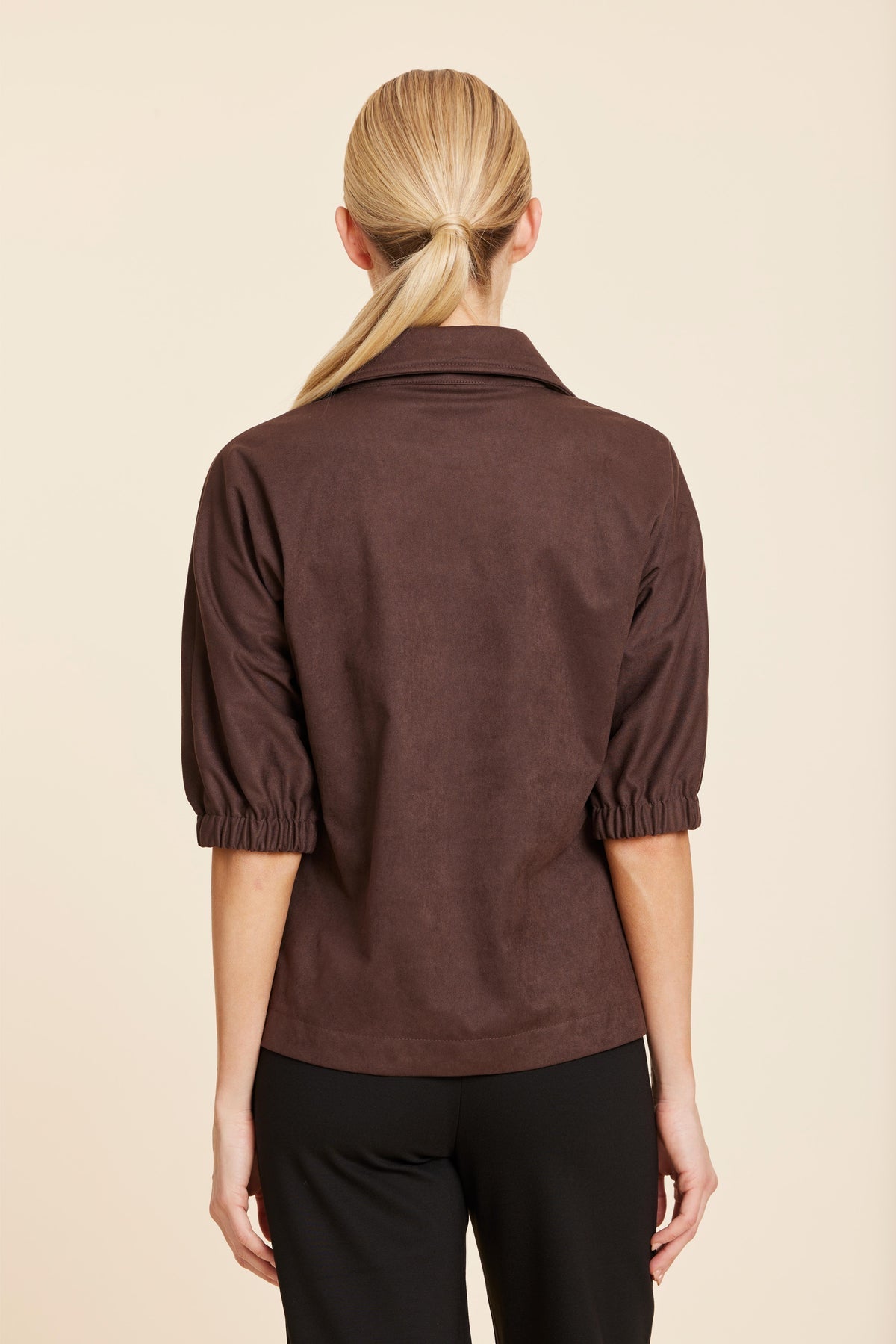 Brown Vegan Suede Gathered Sleeve Top