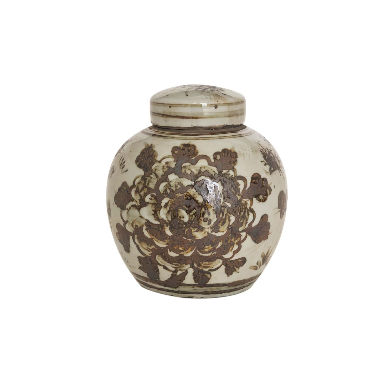 Brown & White Mini Jar Peony Motif