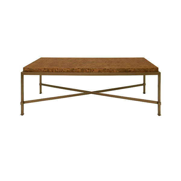 Burl Wood & Brass Rectangular Coffee Table
