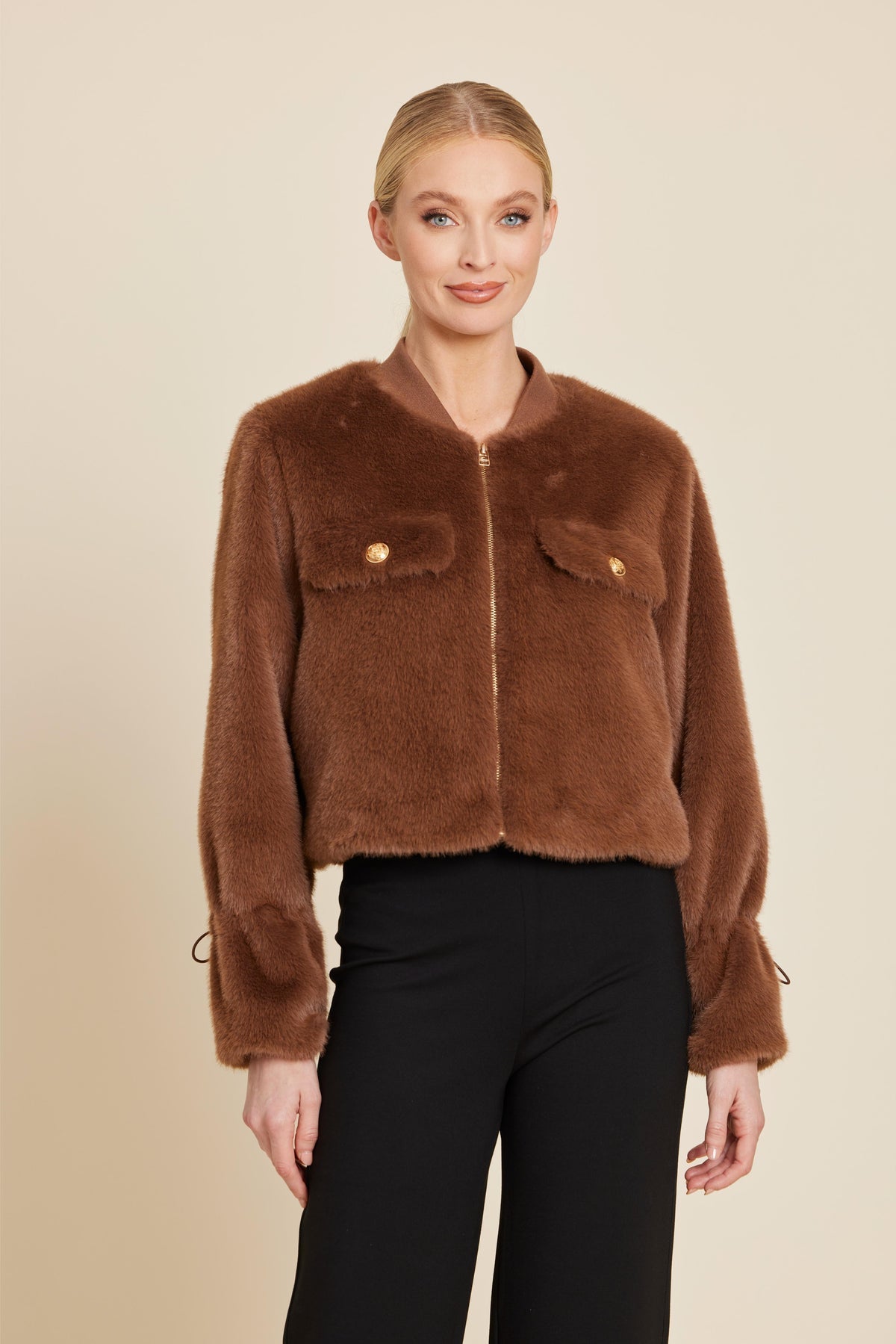 Camel Faux Fur Cinched Sleeve Jacket