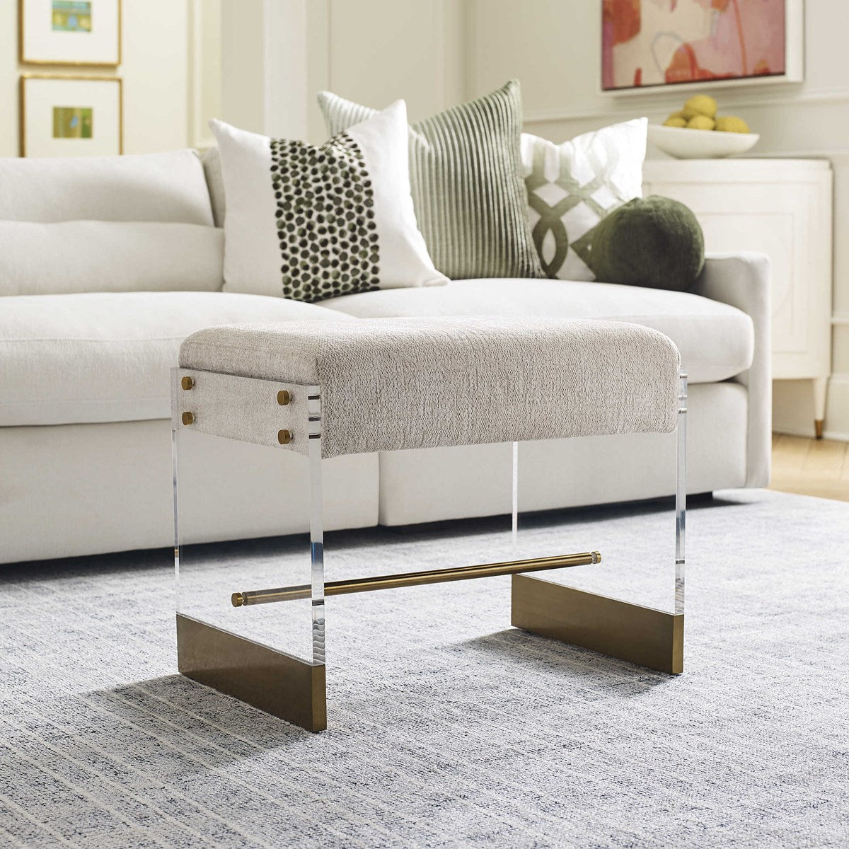 Ecru Fabric and Acrylic Bench