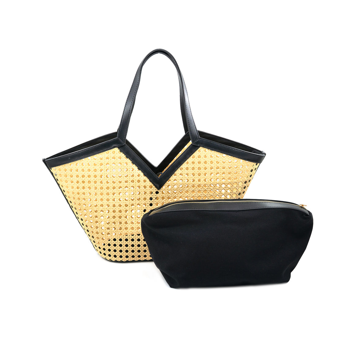 Black Pu and Rattan Emma Bag