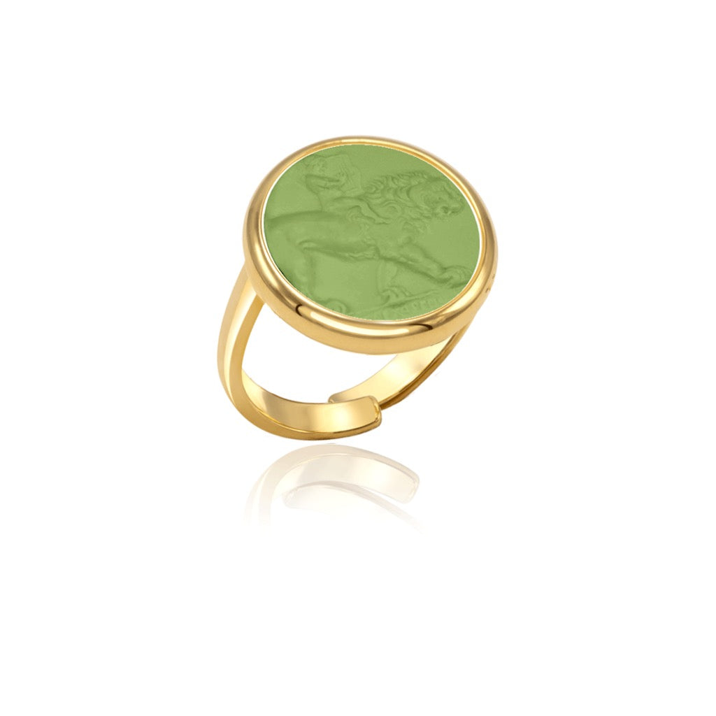 Size 16 Gold & Green Cupid & Lion Ring