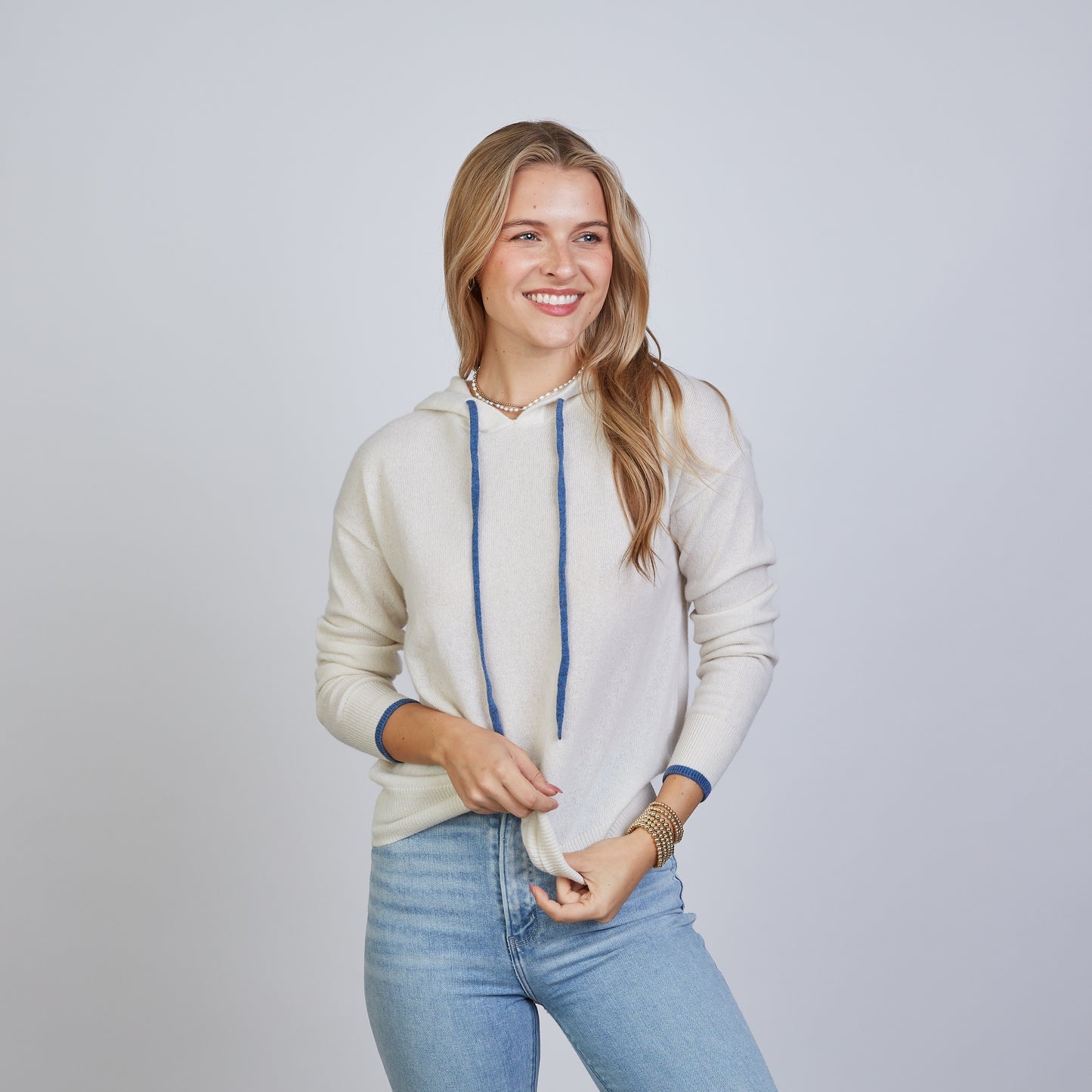 Ivory with Blue Cashmere Hoodie