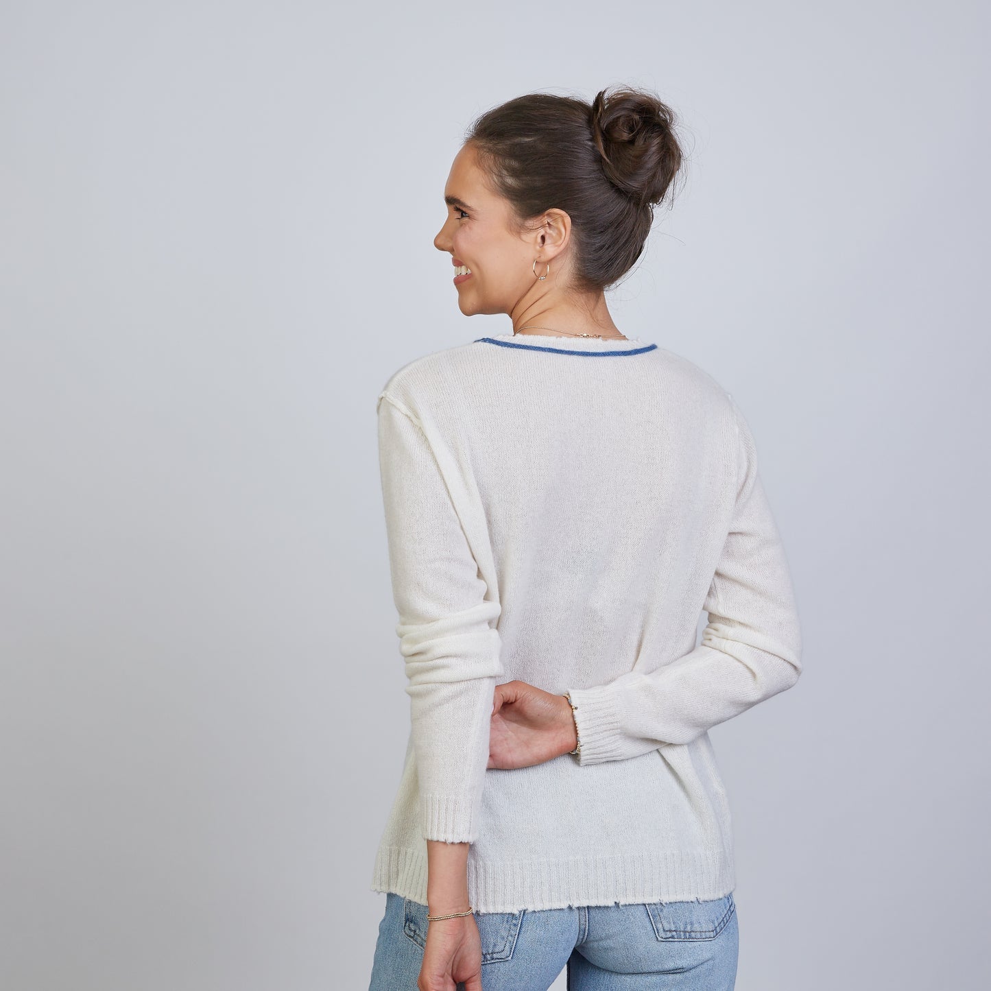 Ivory with Blue Cashmere Sweater