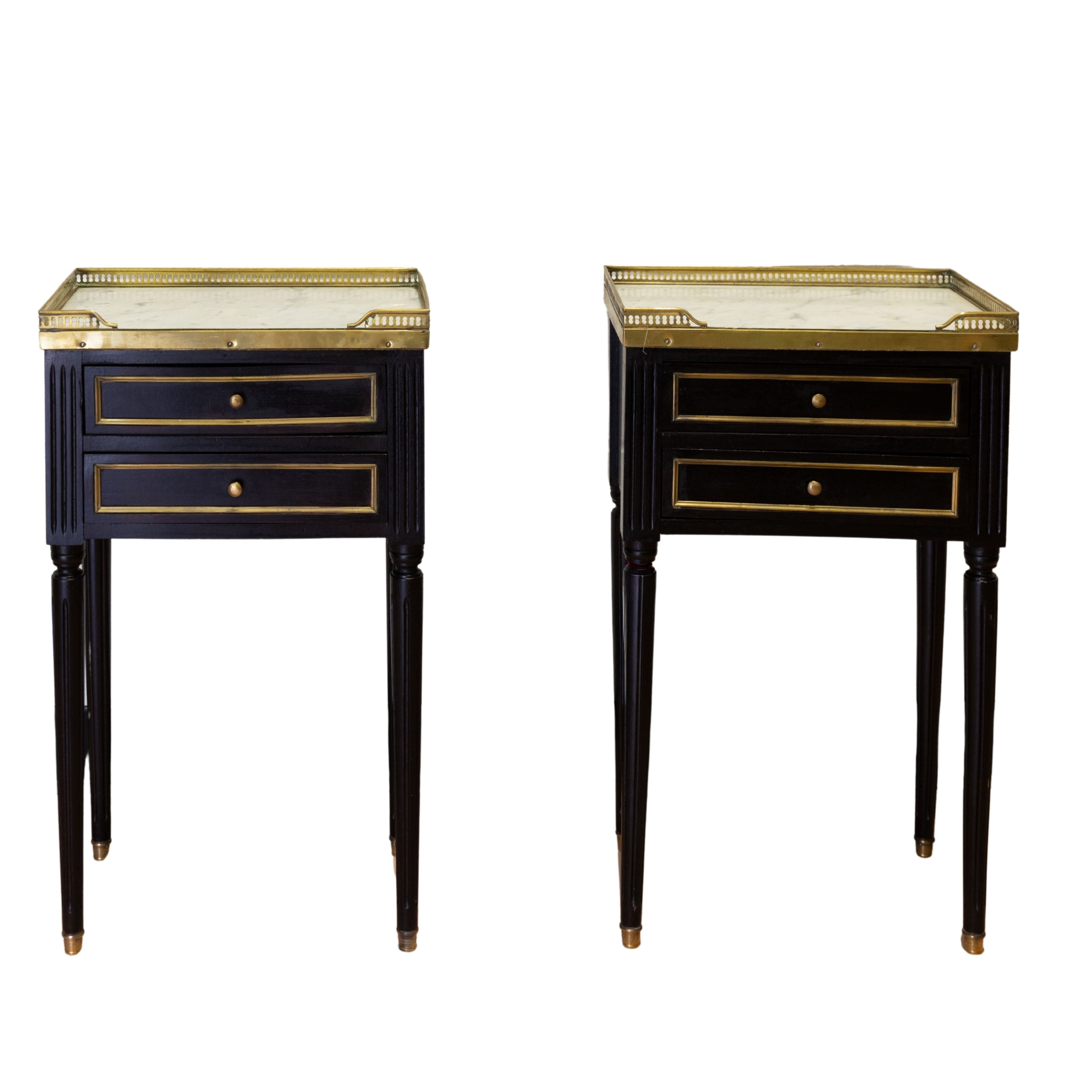 Pair of Black Side Tables with White Marble & Brass Gallery