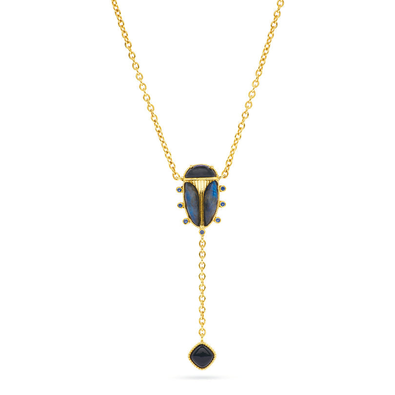 Labradorite & Agate Scarab Lariat Necklace