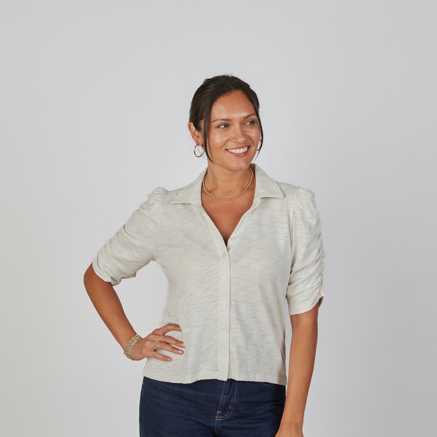 Linen Button-Up Elbow-Length Tee
