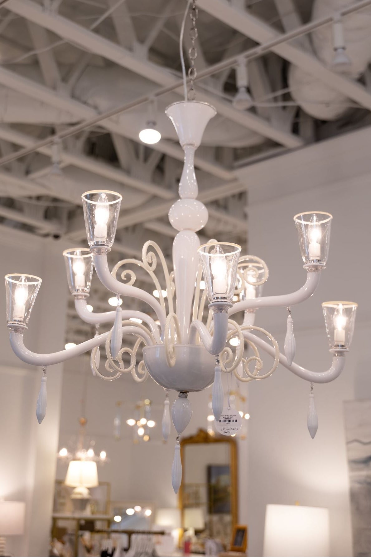 Murano Pauly style Mid-Century White Glass Chandelier with Scrolled Arms