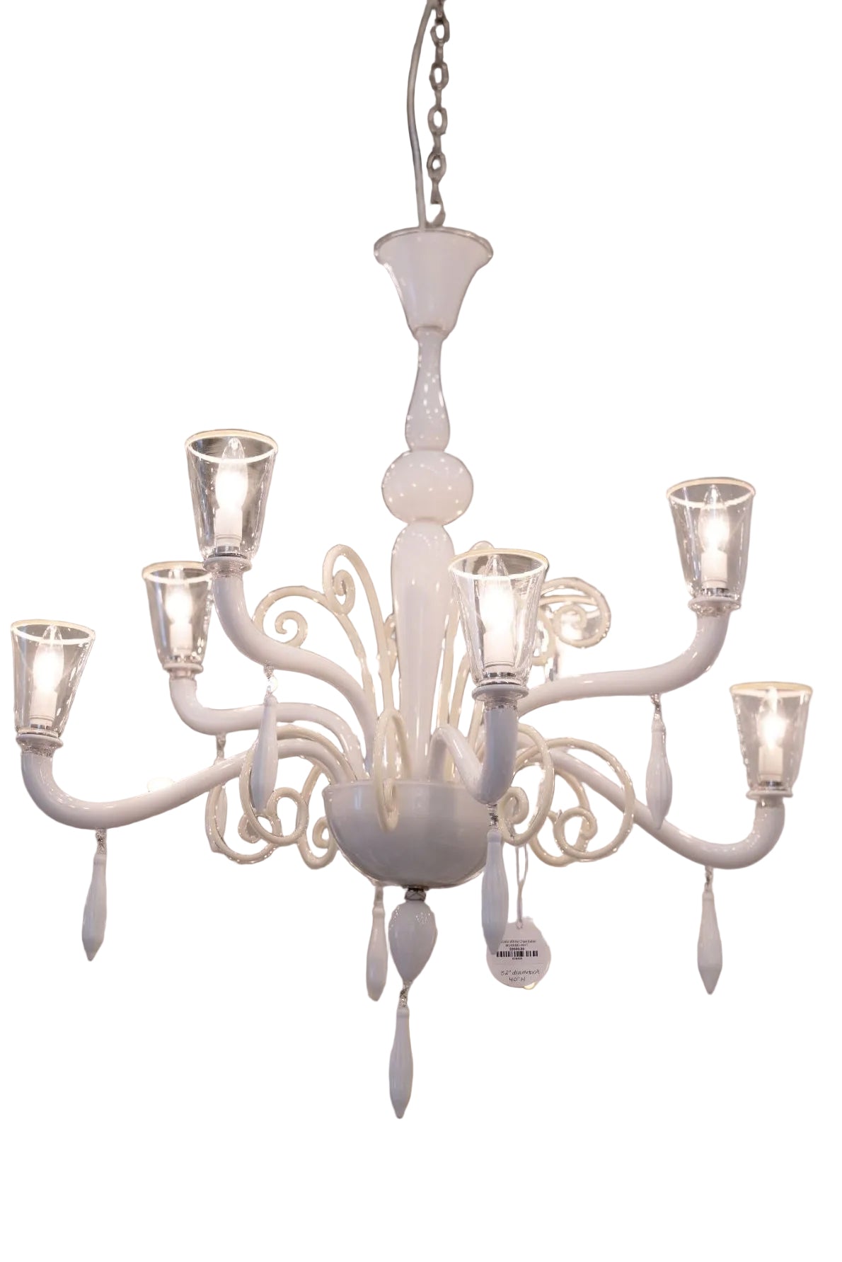Murano Pauly style Mid-Century White Glass Chandelier with Scrolled Arms