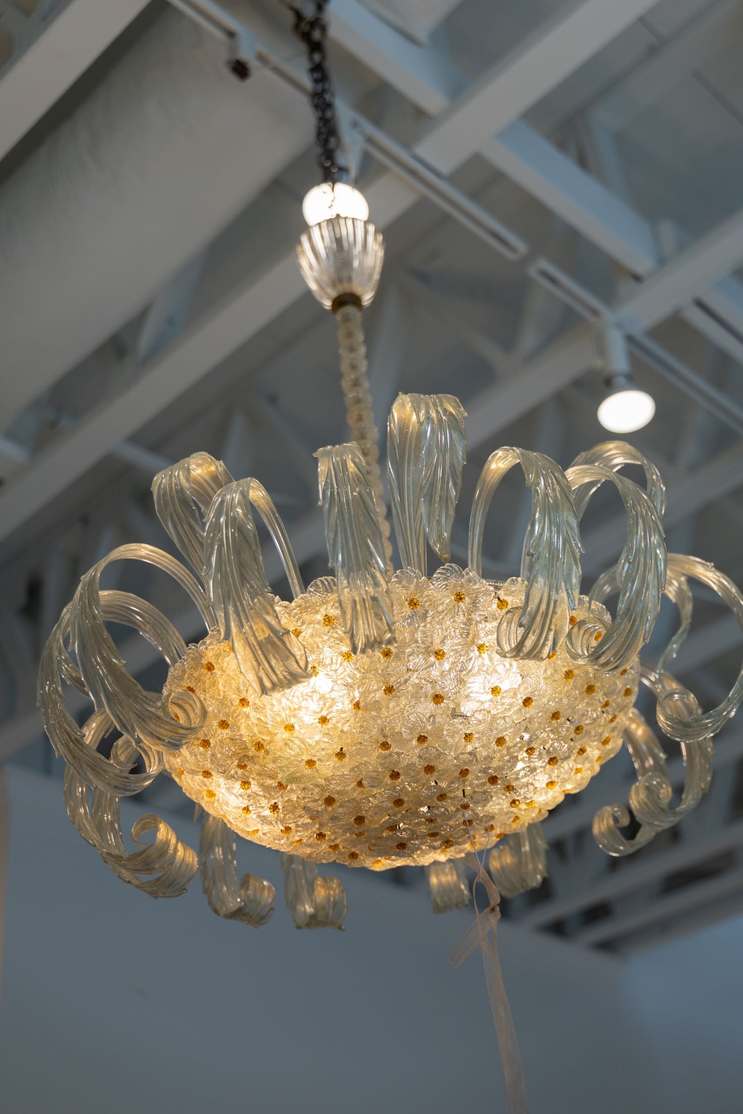 Vintage Murano Chandelier with Floral Basket and Ribbon Arms