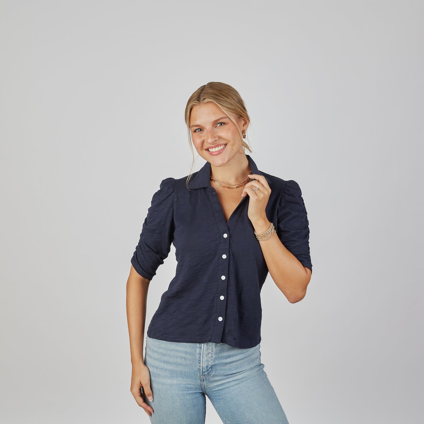 Navy Button-Up Elbow-Length Tee