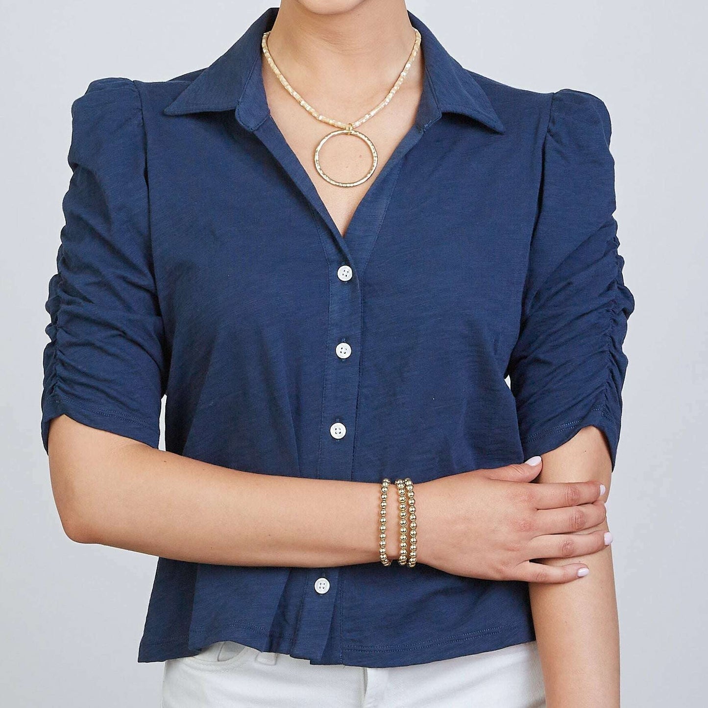 Navy Button-Up Elbow-Length Tee