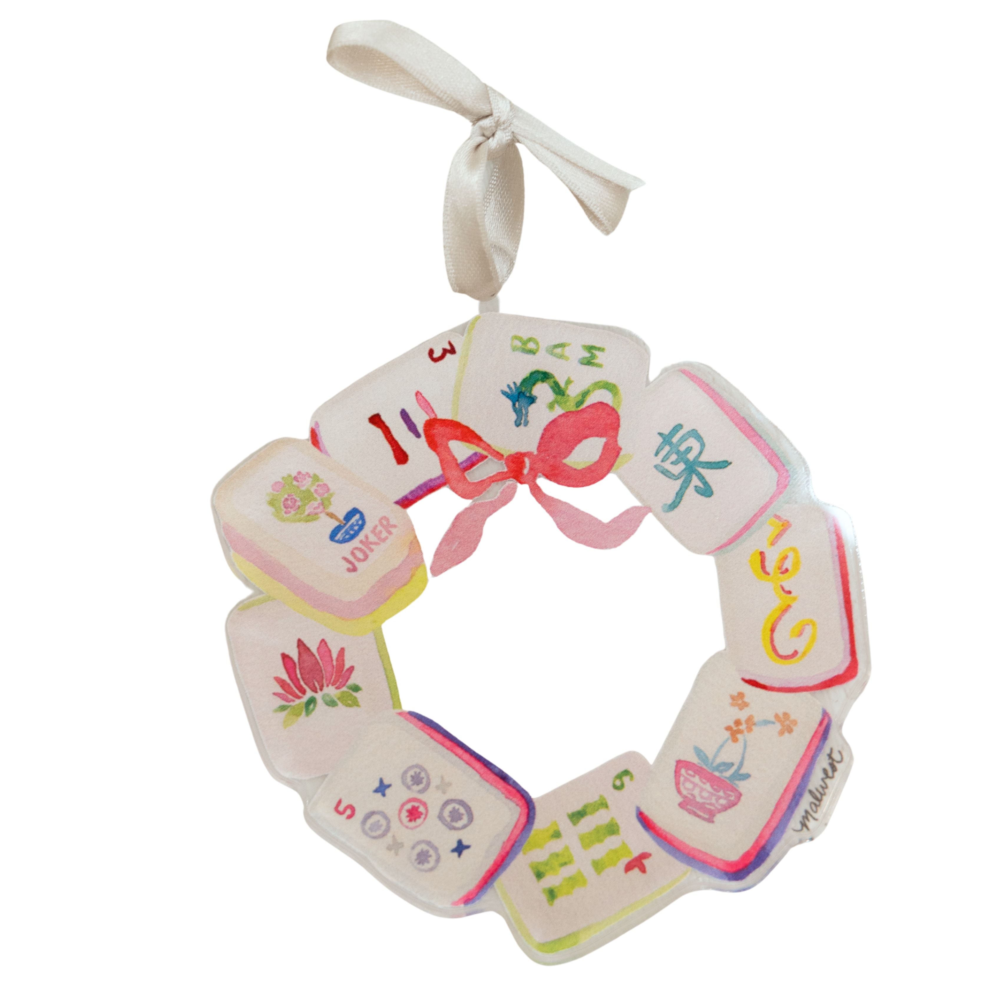 Mahjong Tile Wreath Watercolor Ornament